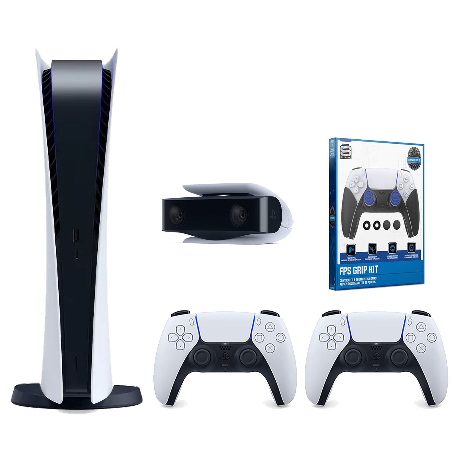 Sony Playstation 5 Digital Edition Console with Extra White Controller, 1080p HD Camera and Surge FPS Grip Kit With Precision Aiming Rings Bundle - Pro-Distributing
