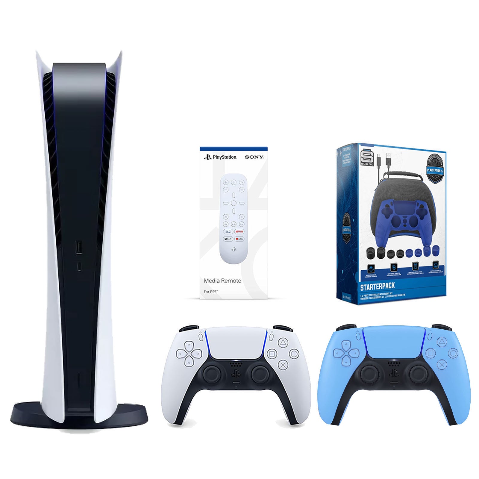 Sony Playstation 5 Digital Edition Console with Extra Blue Controller, Media Remote and Surge Pro Gamer Starter Pack 11-Piece Accessory Bundle - Pro-Distributing