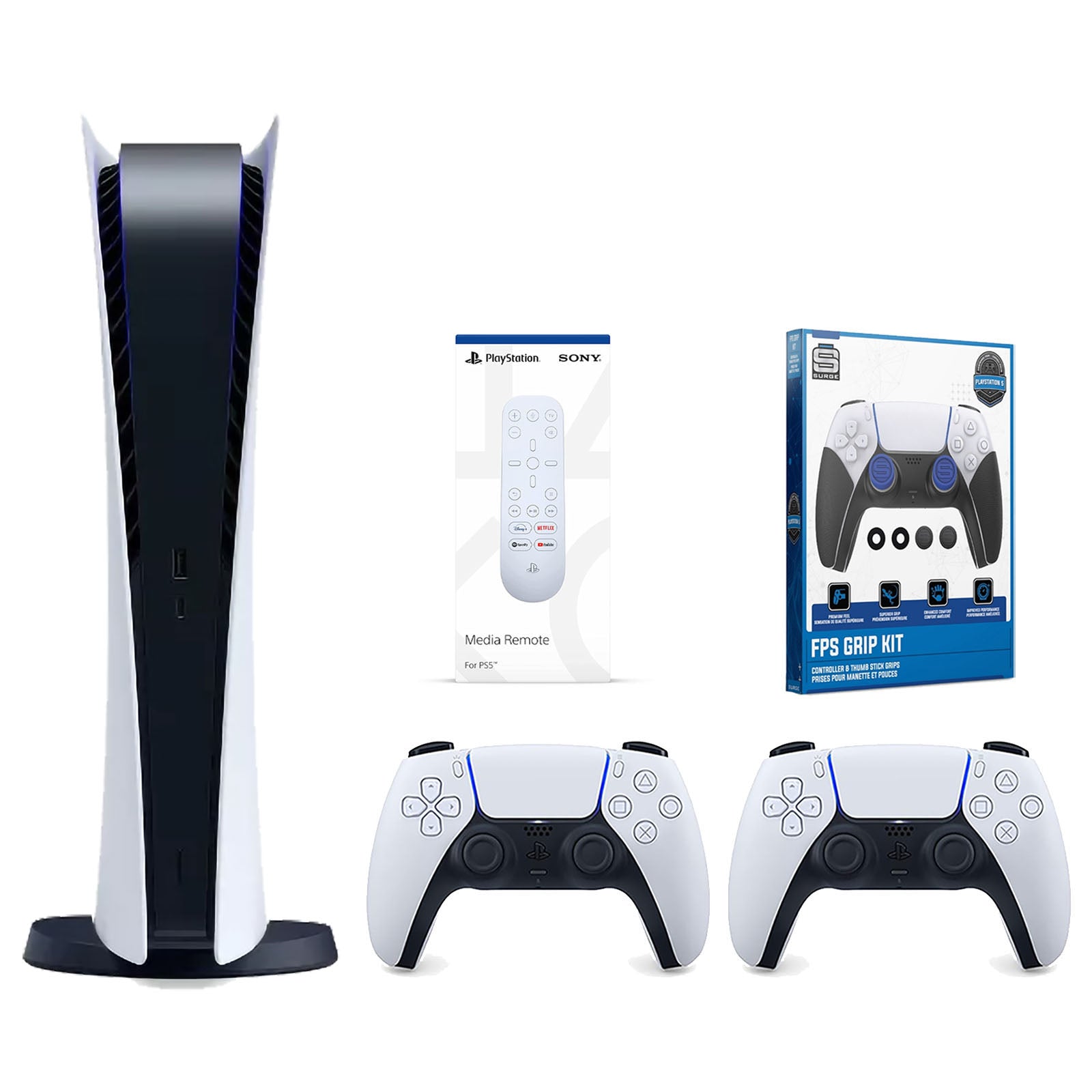Sony Playstation 5 Digital Edition Console with Extra White Controller, Media Remote and Surge FPS Grip Kit With Precision Aiming Rings Bundle - Pro-Distributing