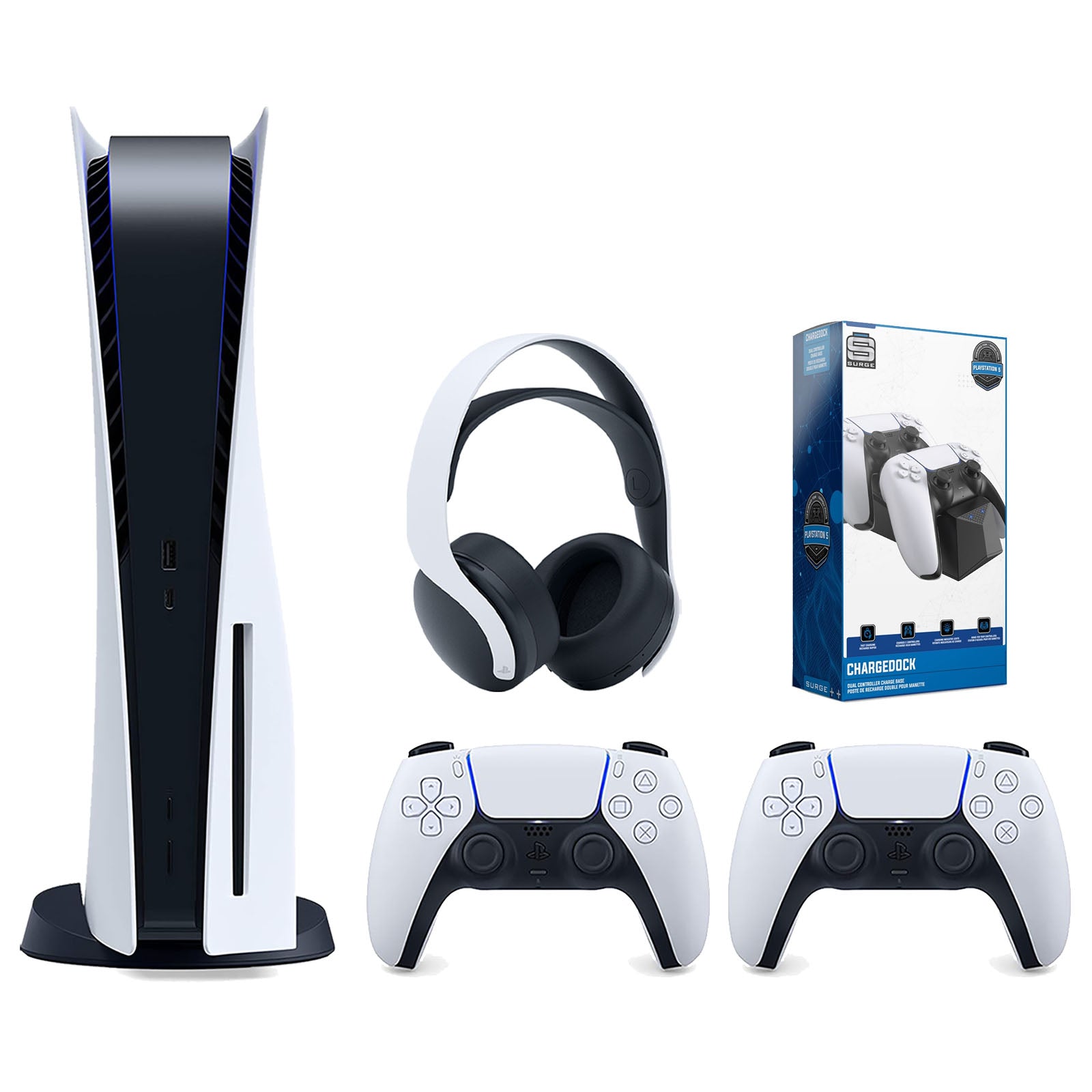 Sony Playstation 5 Disc Version Console with Extra White Controller, White PULSE 3D Headset and Surge Dual Controller Charge Dock Bundle - Pro-Distributing