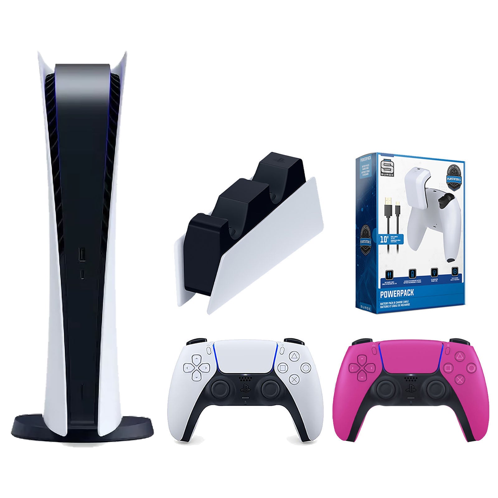 Sony Playstation 5 Digital Edition Console with Extra Pink Controller, DualSense Charging Station and Surge PowerPack Battery Pack & Charge Cable Bundle - Pro-Distributing