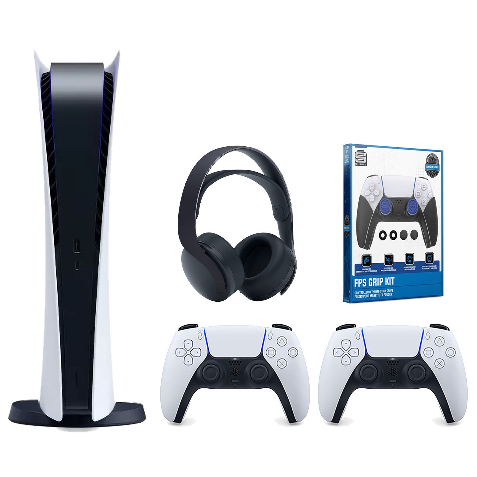 Sony Playstation 5 Digital Edition Console with Extra White Controller, Black PULSE 3D Headset and Surge FPS Grip Kit With Precision Aiming Rings Bundle - Pro-Distributing
