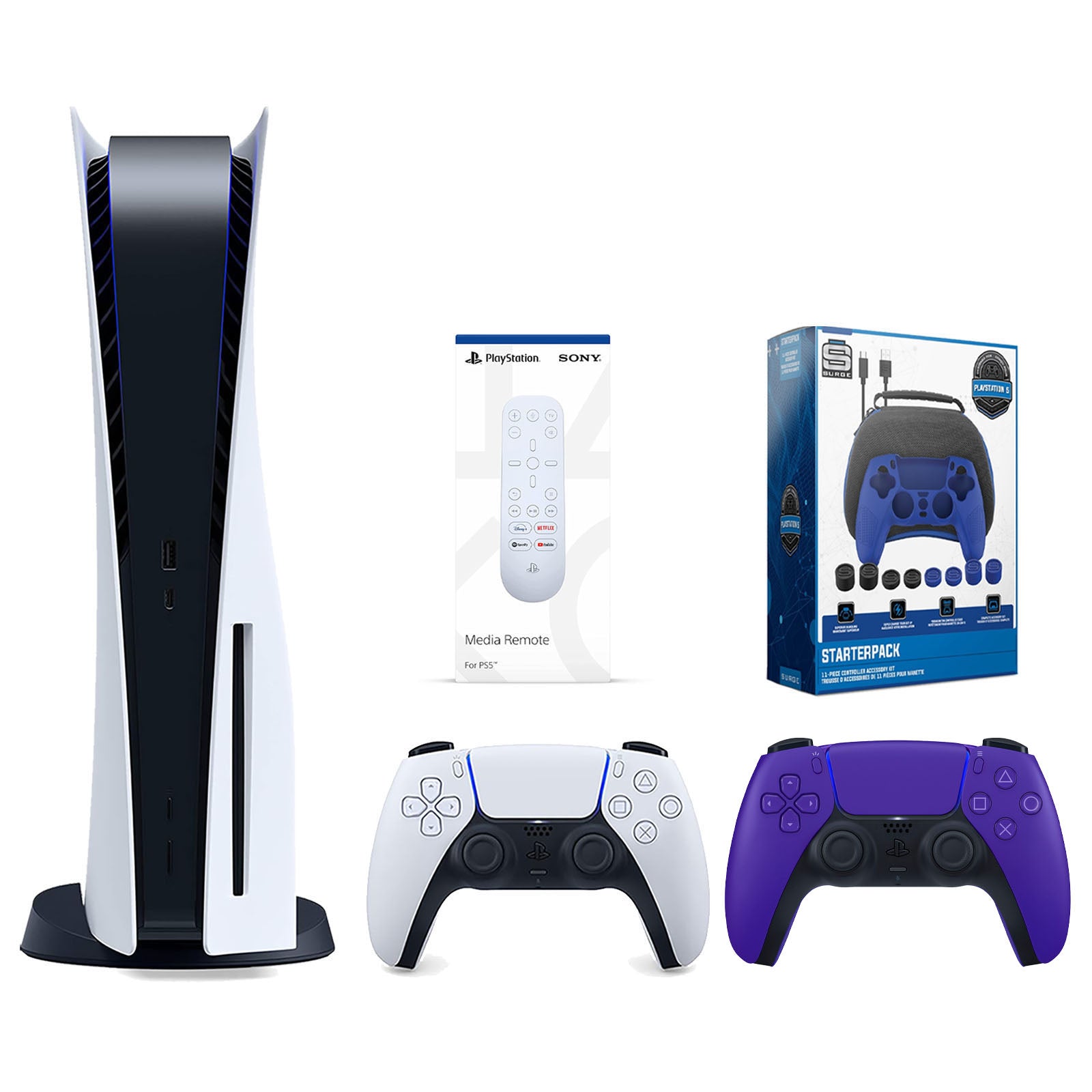 Sony Playstation 5 Disc Version Console with Extra Purple Controller, Media Remote and Surge Pro Gamer Starter Pack 11-Piece Accessory Bundle - Pro-Distributing