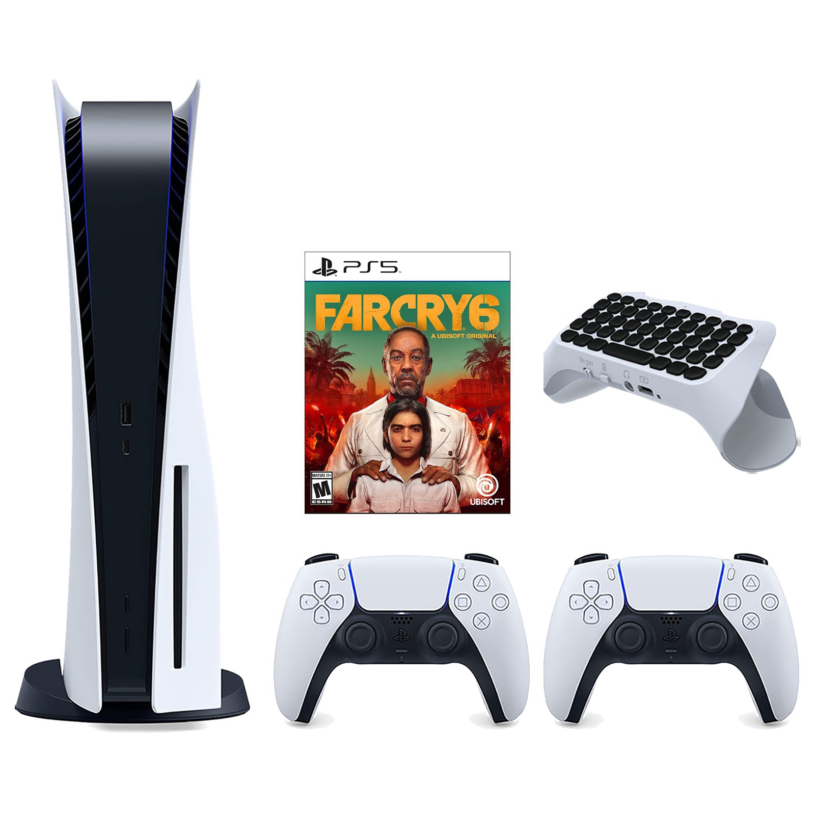 Sony Playstation 5 Disc Version Console with Extra White Controller, Surge QuickType 2.0 Wireless PS5 Controller Keypad and Far Cry 6 Bundle - Pro-Distributing