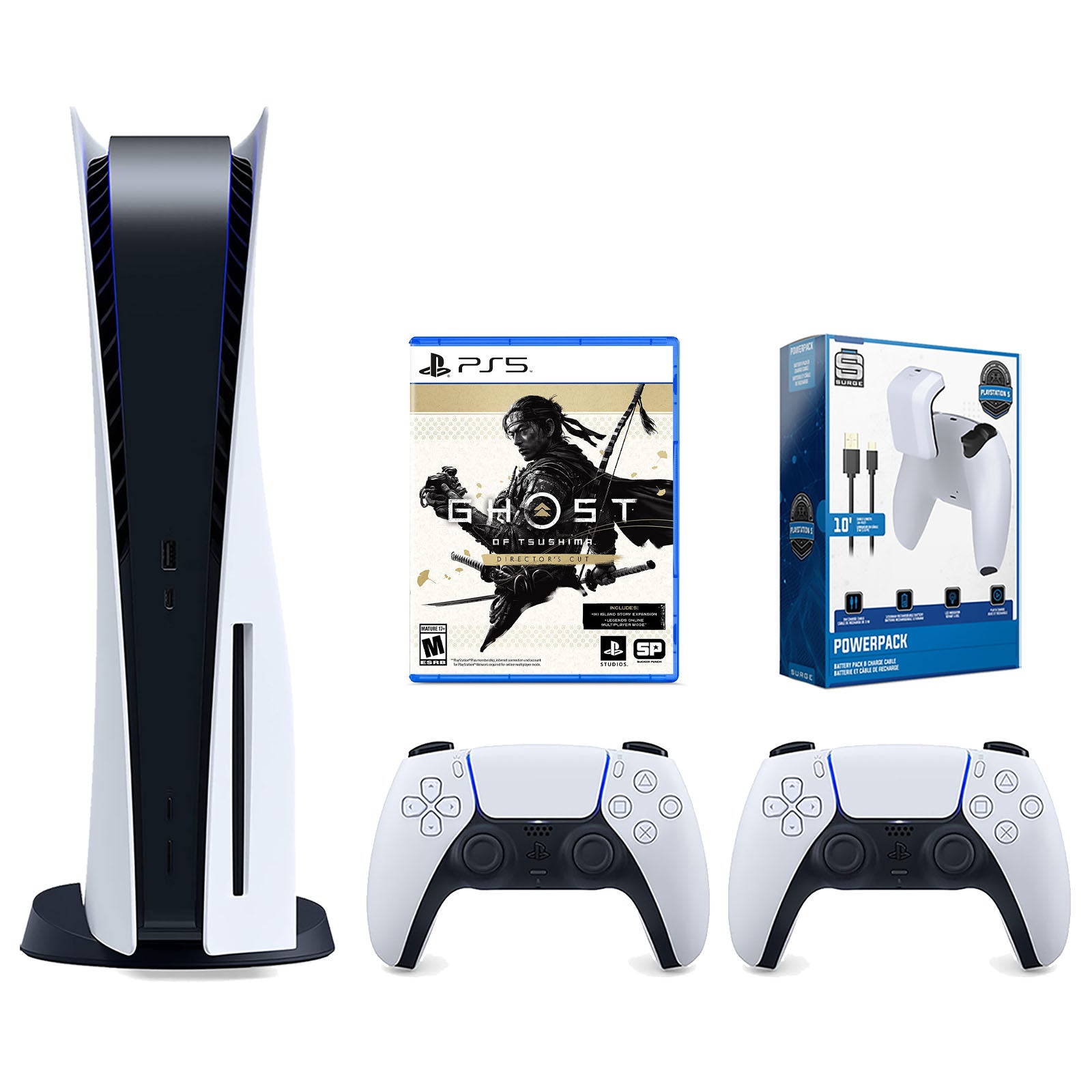 Sony Playstation 5 Disc Version Console with Extra White Controller, Surge PowerPack Battery Pack & Charge Cable and Ghost of Tsushima Director's Cut Bundle - Pro-Distributing