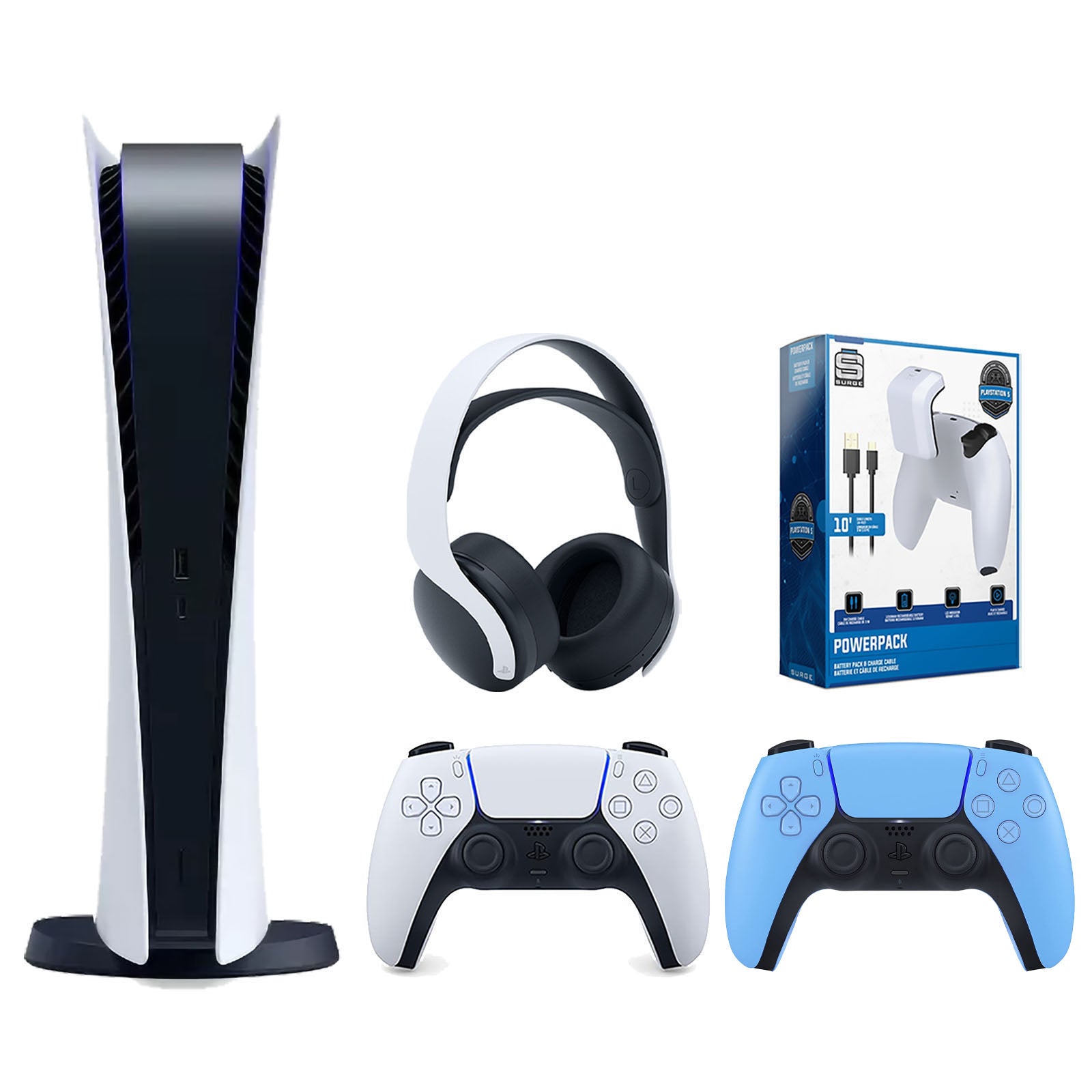 Sony Playstation 5 Digital Edition Console with Extra Blue Controller, White PULSE 3D Headset and Surge PowerPack Battery Pack & Charge Cable Bundle - Pro-Distributing