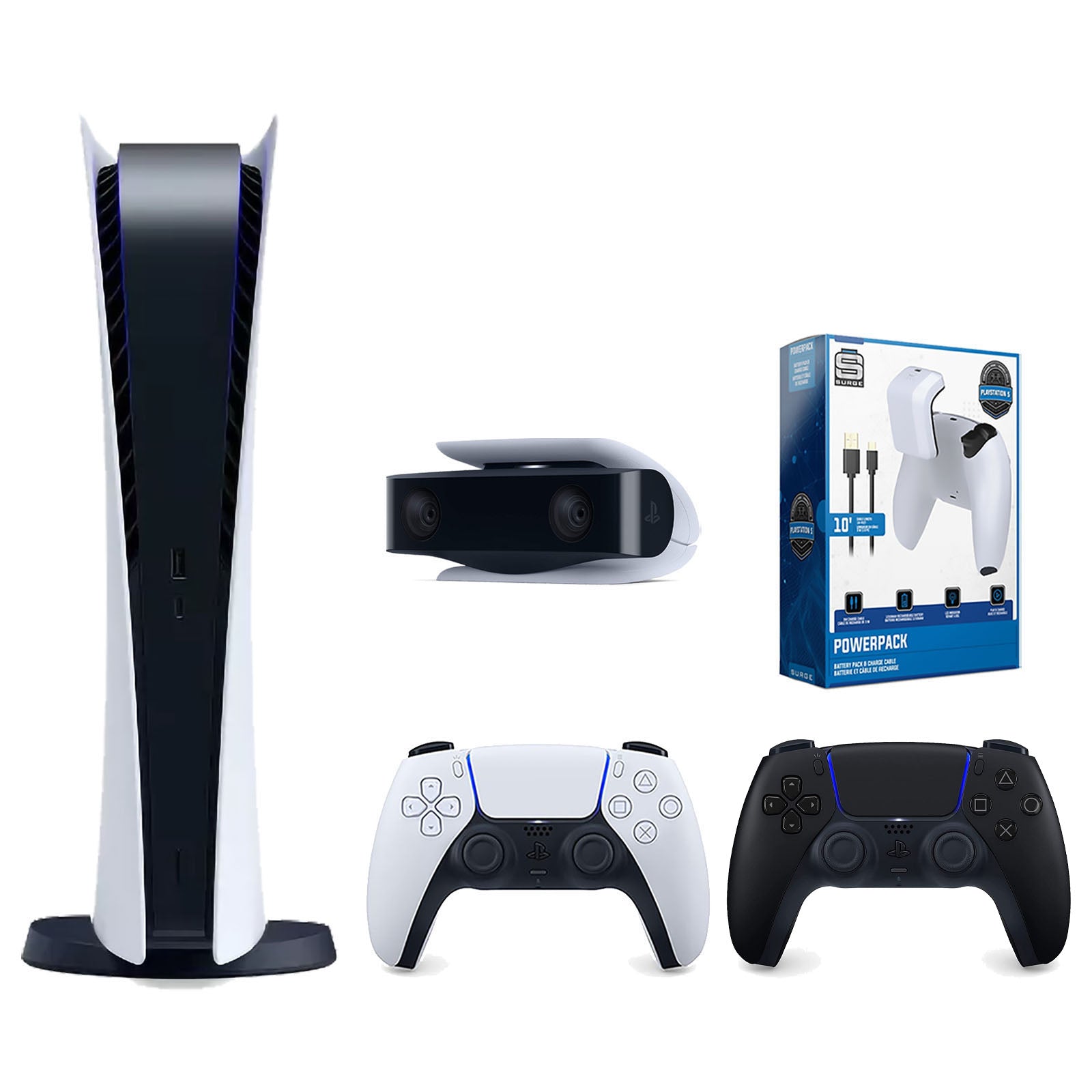 Sony Playstation 5 Digital Edition Console with Extra Black Controller, 1080p HD Camera and Surge PowerPack Battery Pack & Charge Cable Bundle - Pro-Distributing