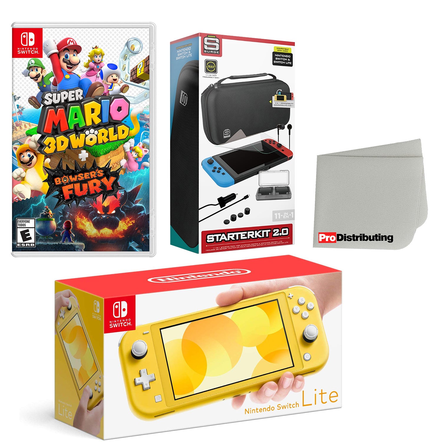 Nintendo Switch Lite Console Yellow with Super Mario 3D World + Bowser’s Fury, Accessory Starter Kit and Screen Cleaning Cloth Bundle - Pro-Distributing