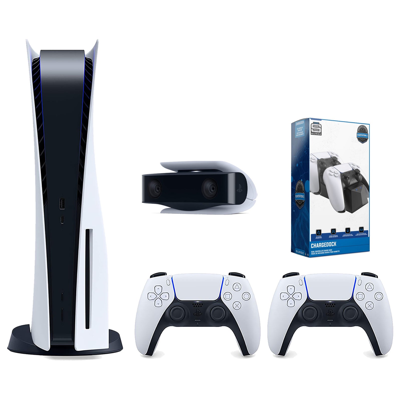 Sony Playstation 5 Disc Version Console with Extra White Controller, 1080p HD Camera and Surge Dual Controller Charge Dock Bundle - Pro-Distributing