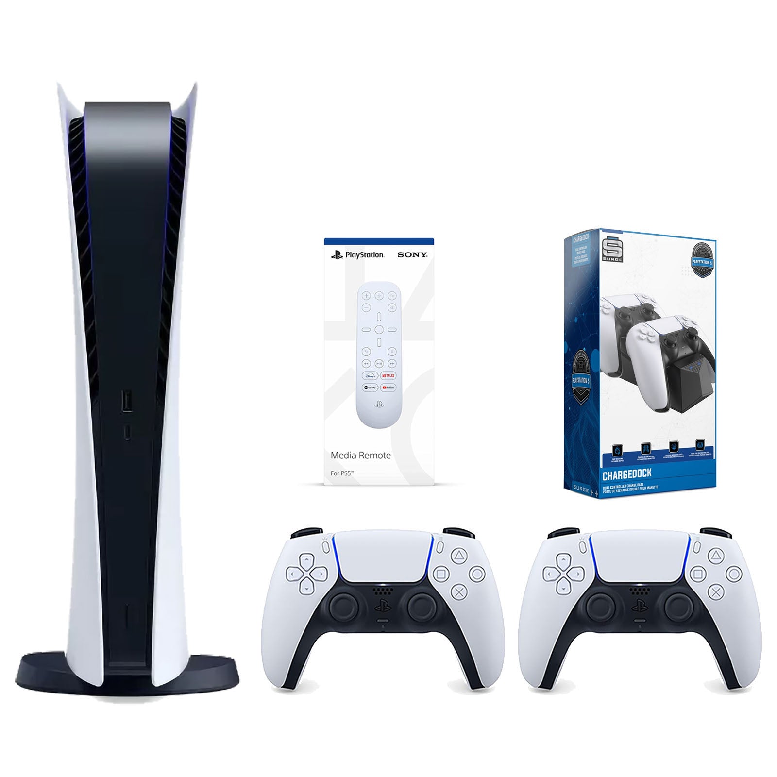Sony Playstation 5 Digital Edition Console with Extra White Controller, Media Remote and Surge Dual Controller Charge Dock Bundle - Pro-Distributing