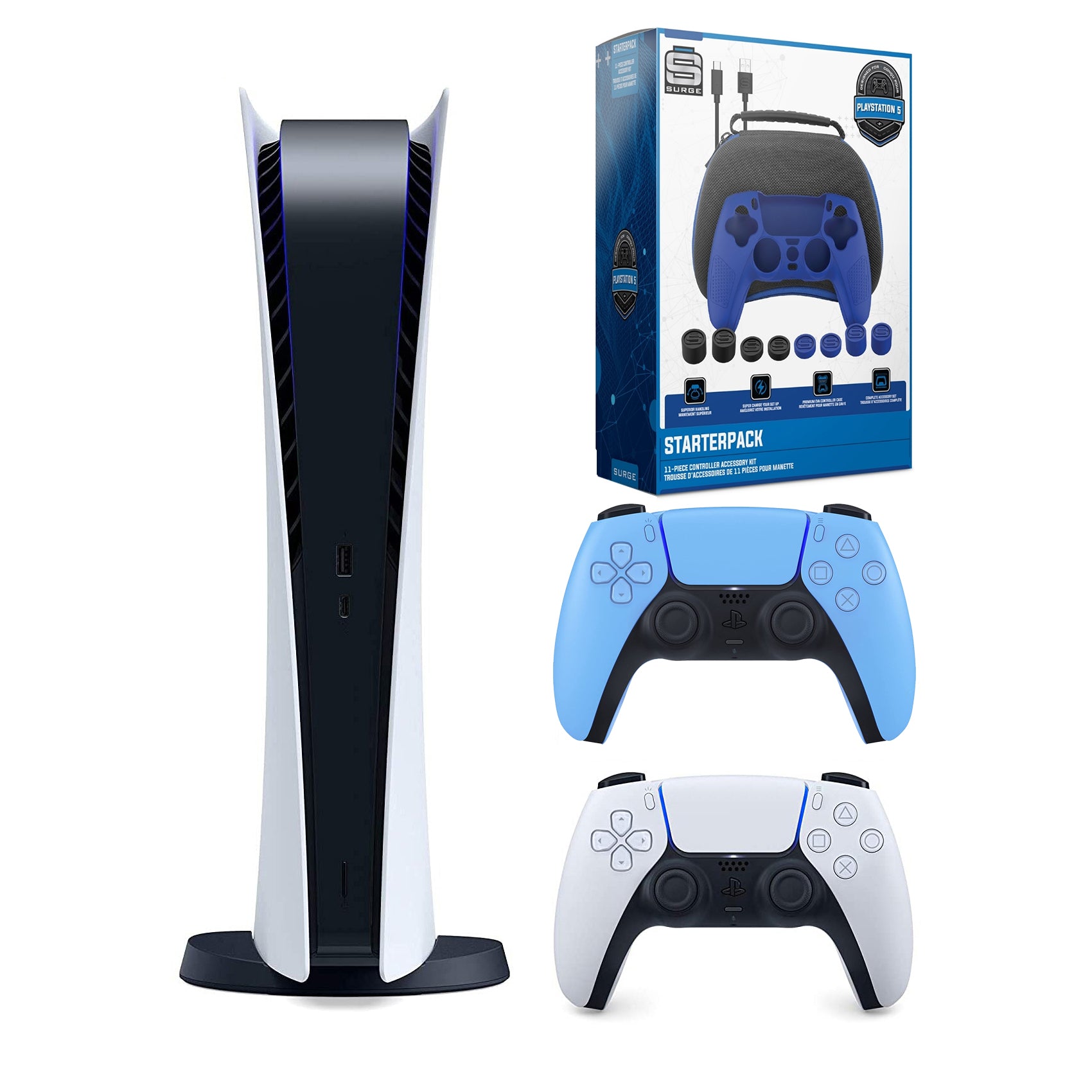 Sony Playstation 5 Digital Version (Sony PS5 Digital) with Extra Starlight Blue Controller and Gamer Starter Pack Bundle - Pro-Distributing