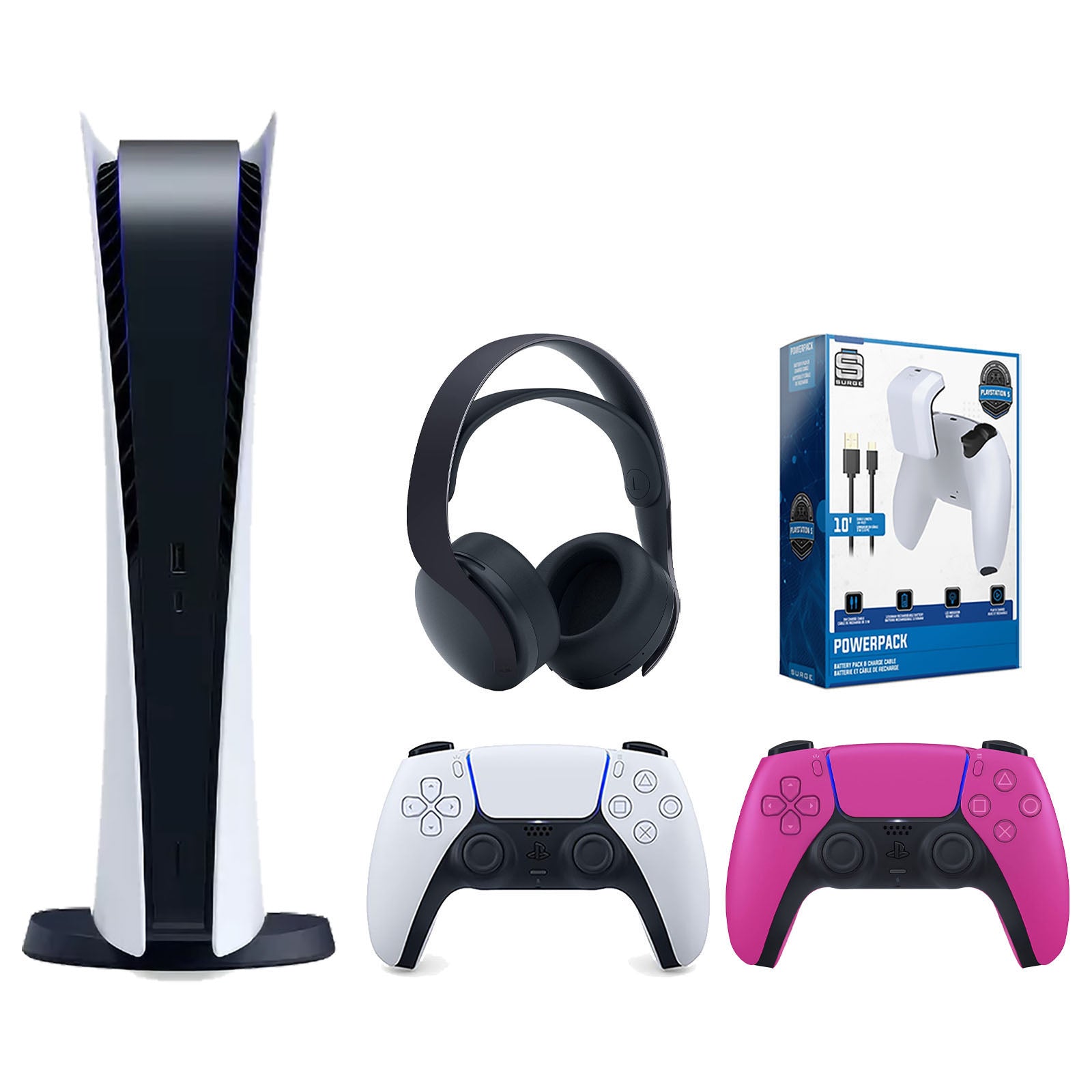 Sony Playstation 5 Digital Edition Console with Extra Pink Controller, Black PULSE 3D Headset and Surge PowerPack Battery Pack & Charge Cable Bundle - Pro-Distributing
