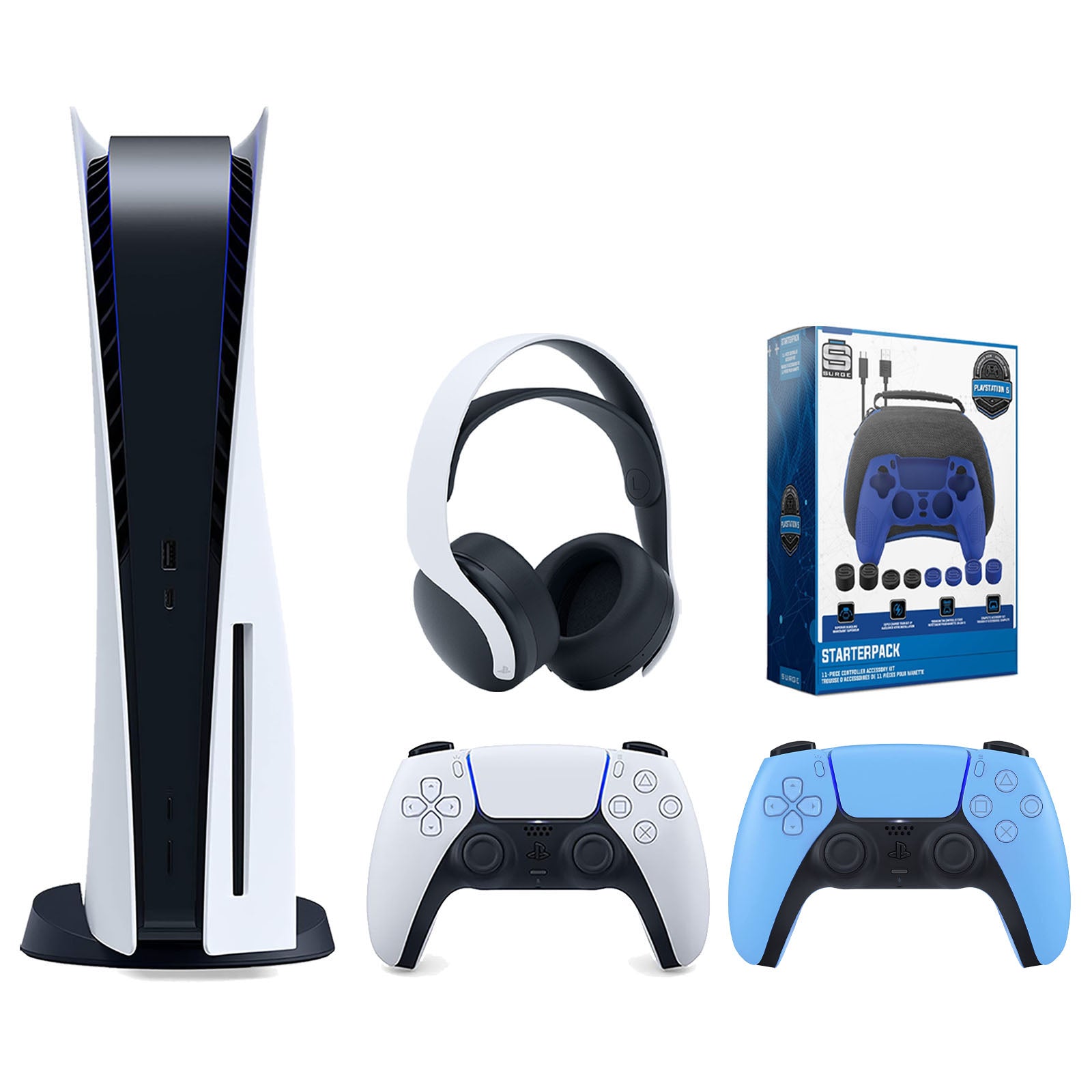 Sony Playstation 5 Disc Version Console with Extra Blue Controller, White PULSE 3D Headset and Surge Pro Gamer Starter Pack 11-Piece Accessory Bundle - Pro-Distributing