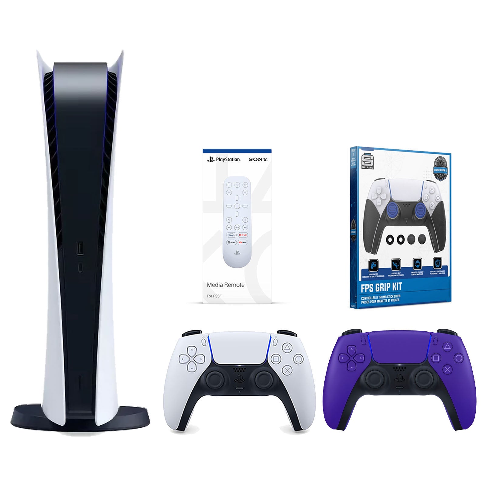 Sony Playstation 5 Digital Edition Console with Extra Purple Controller, Media Remote and Surge FPS Grip Kit With Precision Aiming Rings Bundle - Pro-Distributing