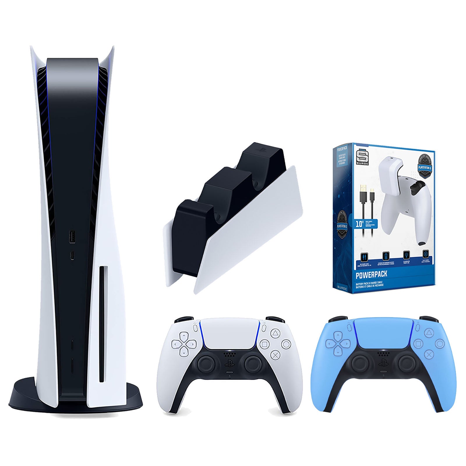 Sony Playstation 5 Disc Version Console with Extra Blue Controller, DualSense Charging Station and Surge PowerPack Battery Pack & Charge Cable Bundle - Pro-Distributing