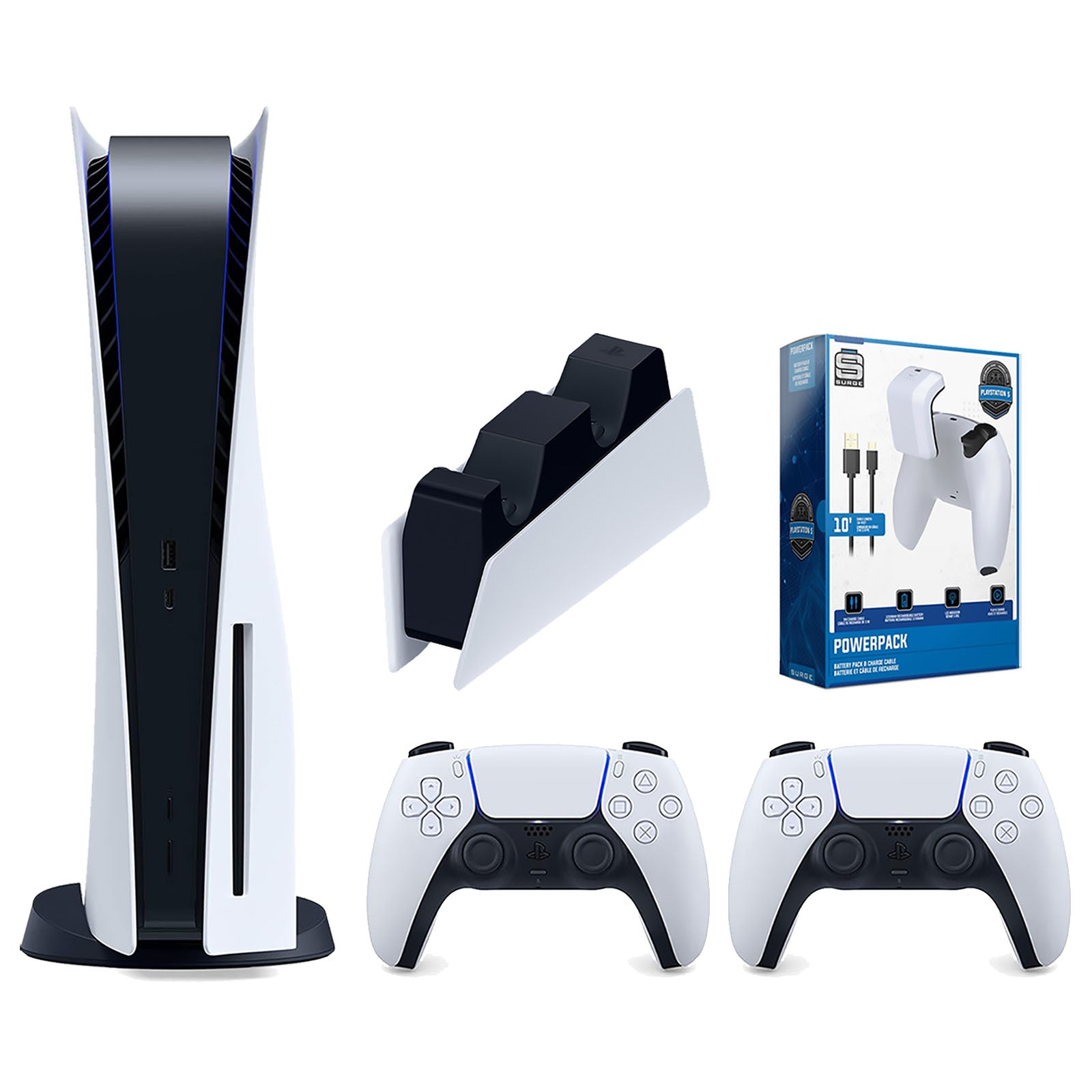Sony Playstation 5 Disc Version Console with Extra White Controller, DualSense Charging Station and Surge PowerPack Battery Pack & Charge Cable Bundle - Pro-Distributing