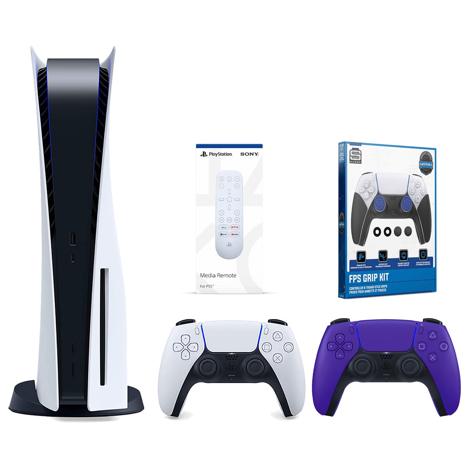 Sony Playstation 5 Disc Version Console with Extra Purple Controller, Media Remote and Surge FPS Grip Kit With Precision Aiming Rings Bundle - Pro-Distributing