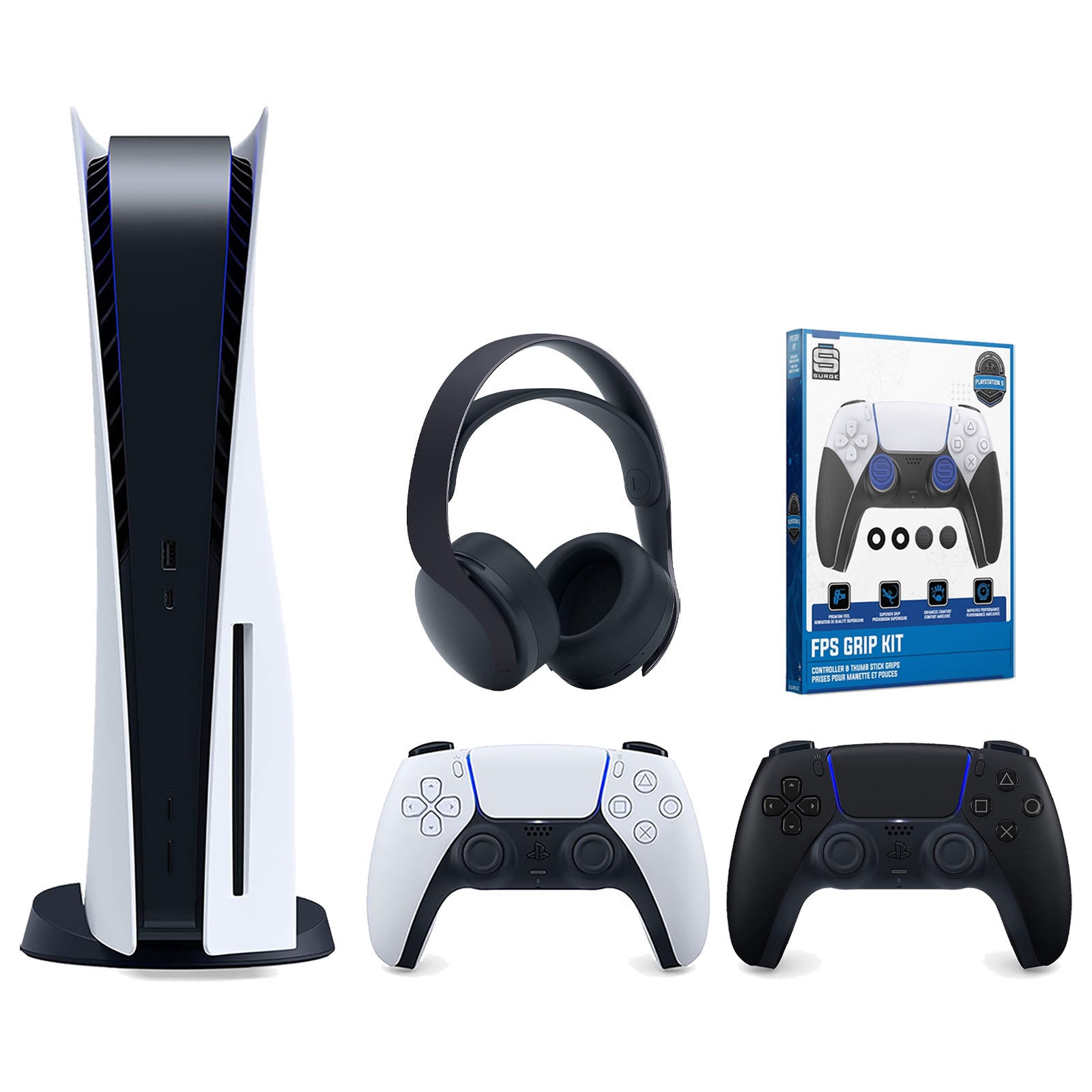 Sony Playstation 5 Disc Version Console with Extra Black Controller, Black PULSE 3D Headset and Surge FPS Grip Kit With Precision Aiming Rings Bundle - Pro-Distributing