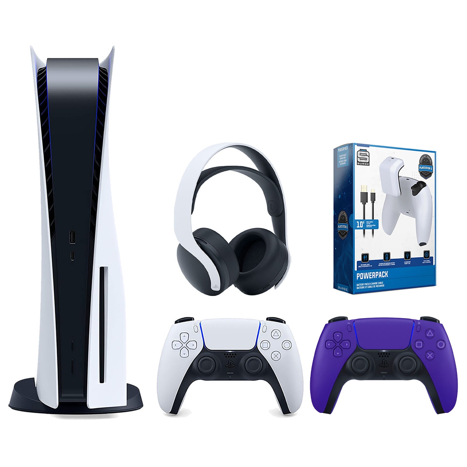 Sony Playstation 5 Disc Version Console with Extra Purple Controller, White PULSE 3D Headset and Surge PowerPack Battery Pack & Charge Cable Bundle - Pro-Distributing