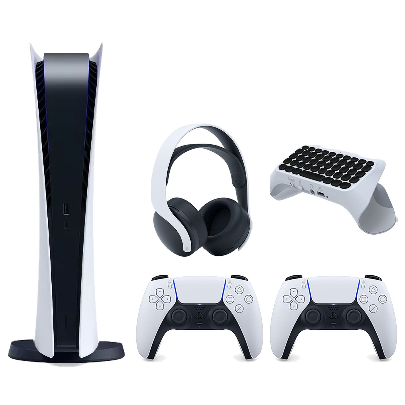 Sony Playstation 5 Digital Edition Console with Extra White Controller, White PULSE 3D Headset and Surge QuickType 2.0 Wireless PS5 Controller Keypad Bundle - Pro-Distributing
