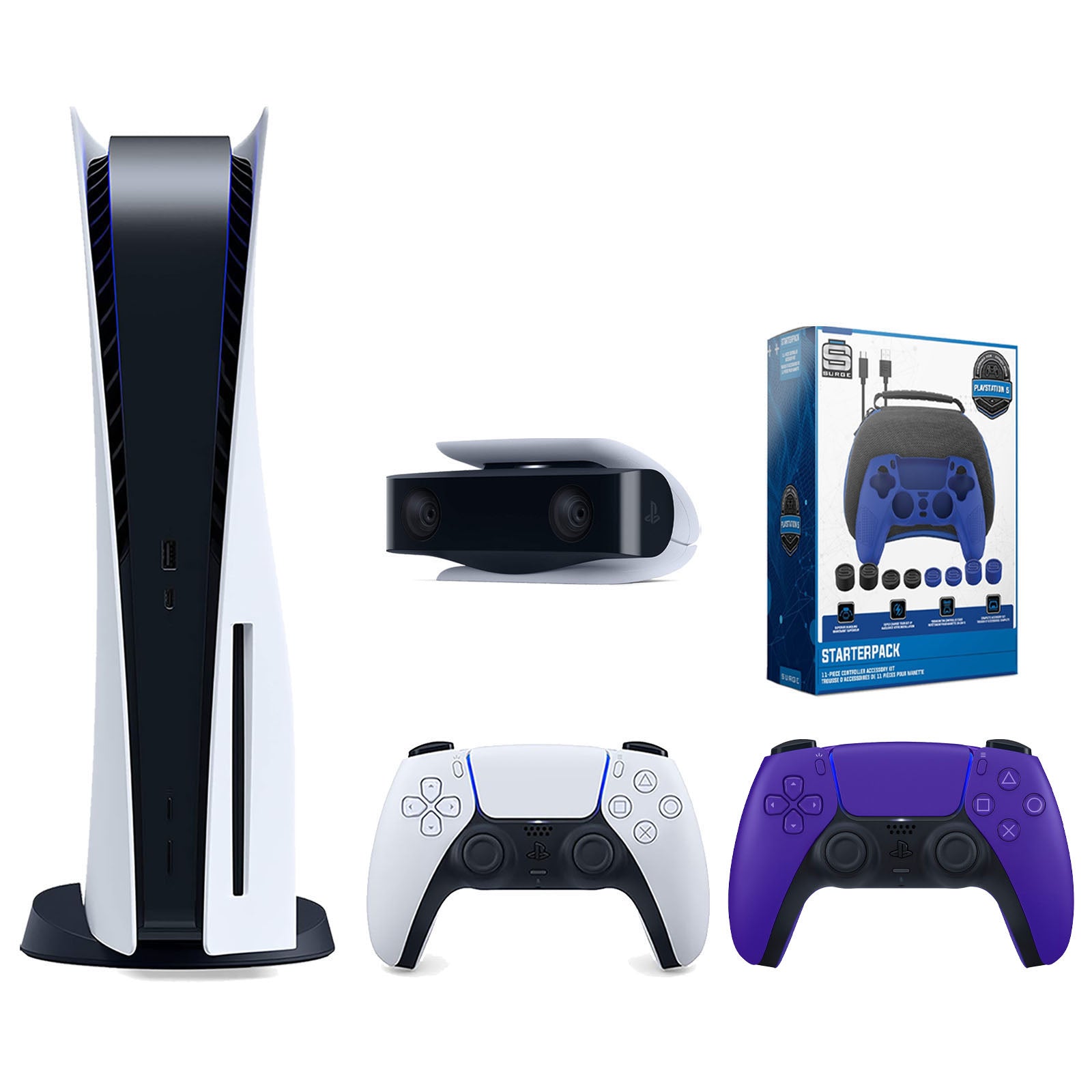 Sony Playstation 5 Disc Version Console with Extra Purple Controller, 1080p HD Camera and Surge Pro Gamer Starter Pack 11-Piece Accessory Bundle - Pro-Distributing