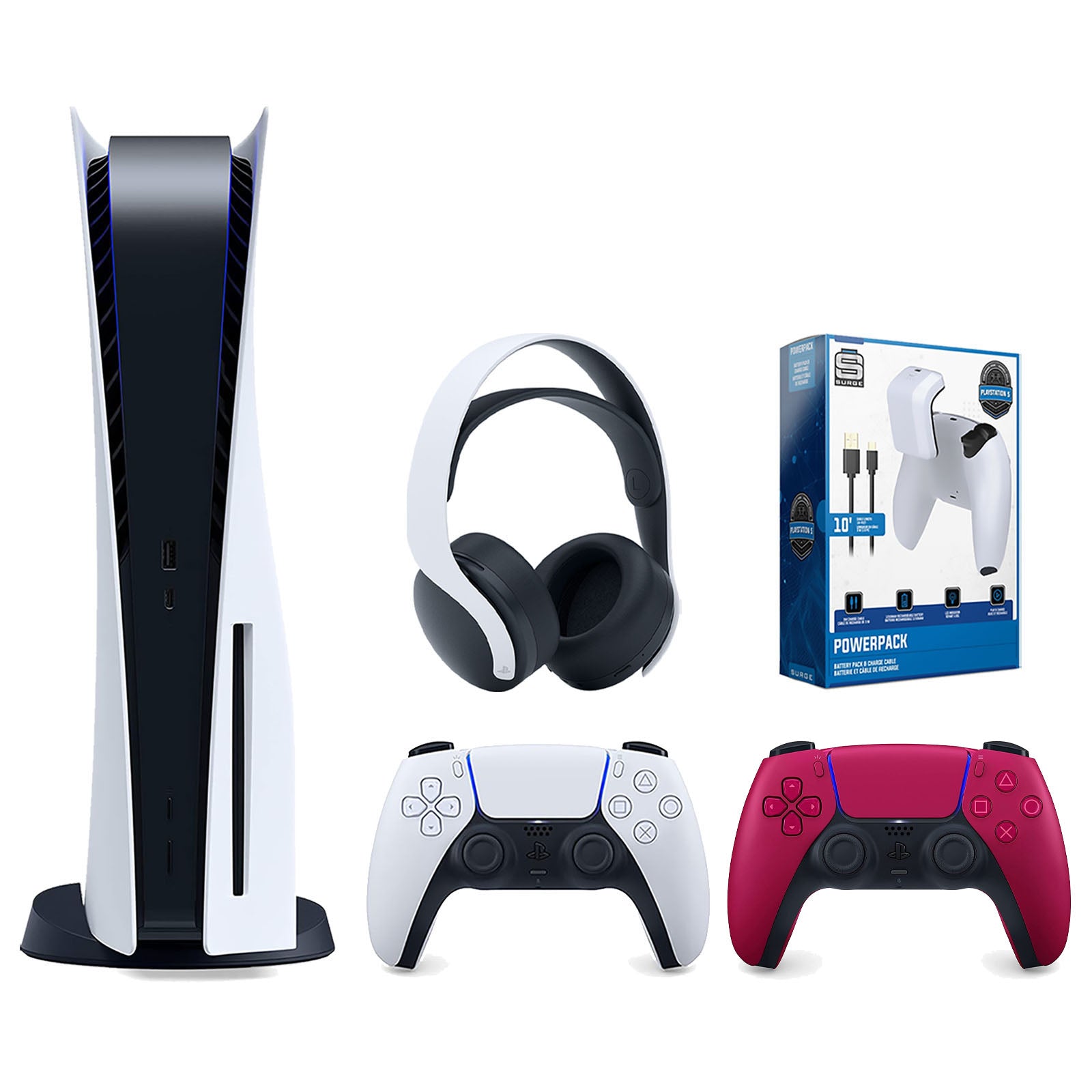 Sony Playstation 5 Disc Version Console with Extra Red Controller, White PULSE 3D Headset and Surge PowerPack Battery Pack & Charge Cable Bundle - Pro-Distributing