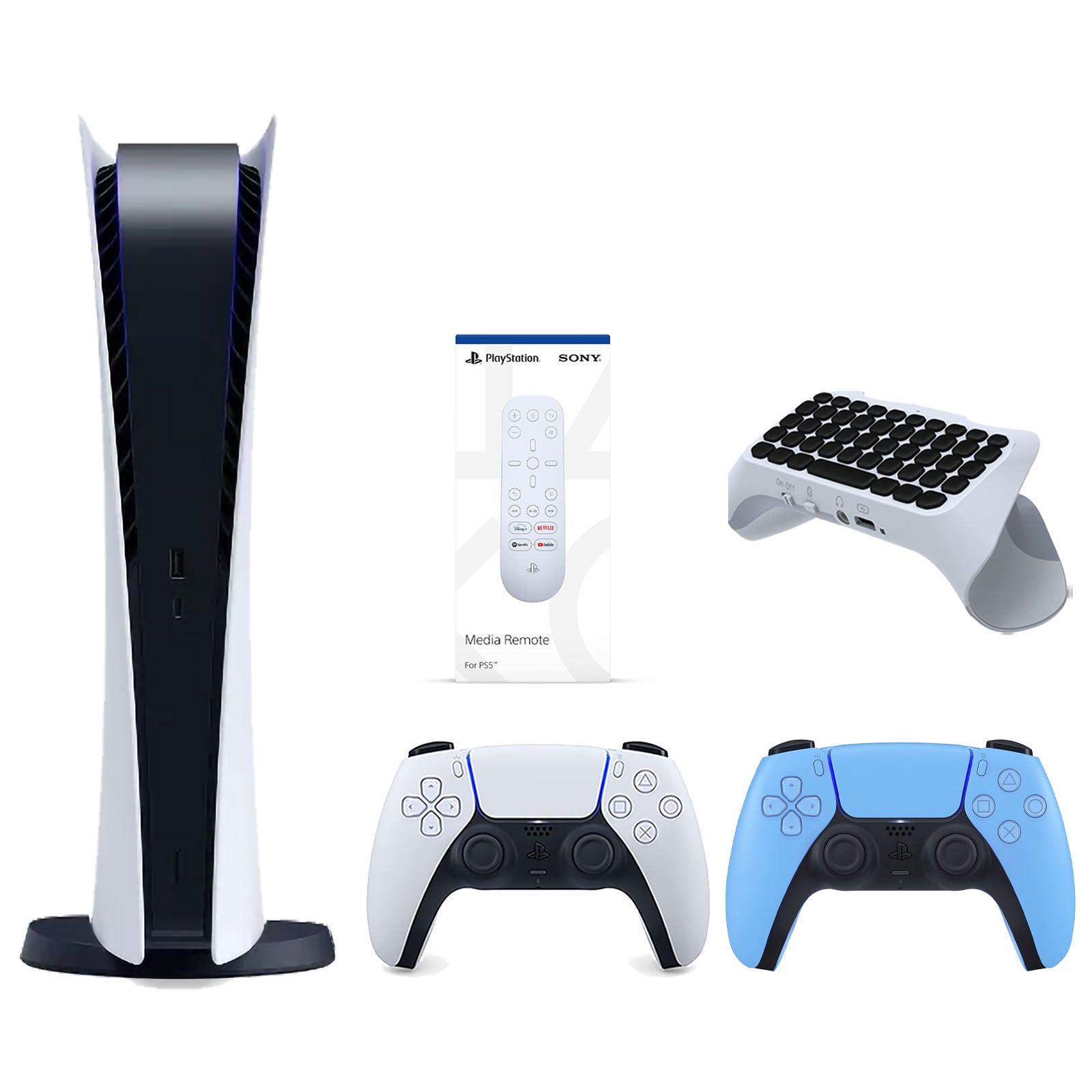 Sony Playstation 5 Digital Edition Console with Extra Blue Controller, Media Remote and Surge QuickType 2.0 Wireless PS5 Controller Keypad Bundle - Pro-Distributing