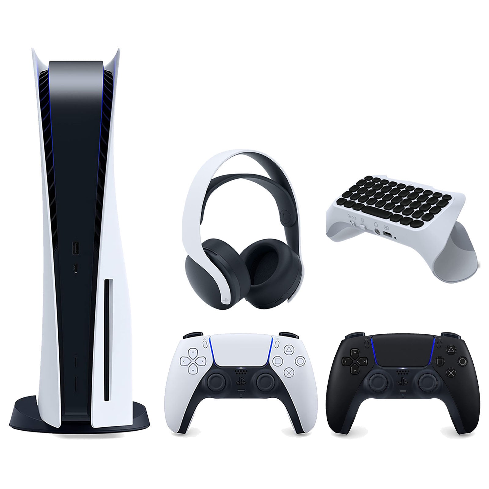 Sony Playstation 5 Disc Version Console with Extra Black Controller, White PULSE 3D Headset and Surge QuickType 2.0 Wireless PS5 Controller Keypad Bundle - Pro-Distributing