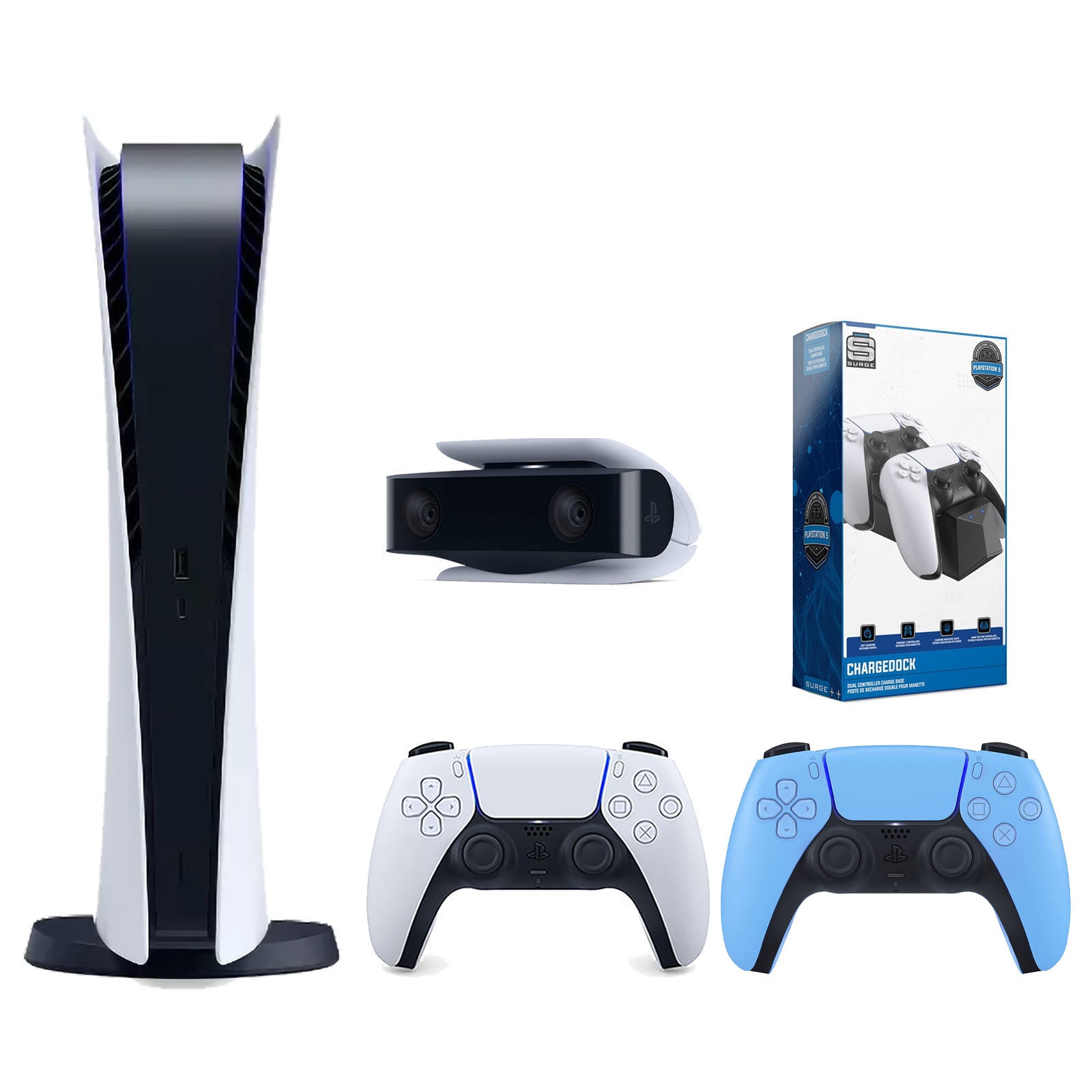Sony Playstation 5 Digital Edition Console with Extra Blue Controller, 1080p HD Camera and Surge Dual Controller Charge Dock Bundle - Pro-Distributing