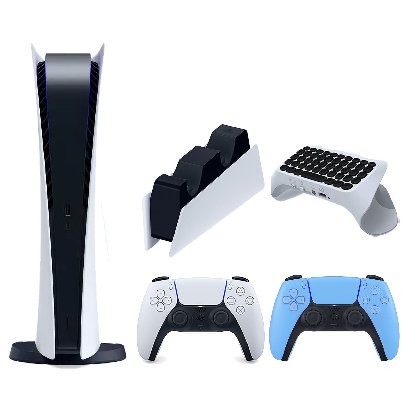 Sony Playstation 5 Digital Edition Console with Extra Blue Controller, DualSense Charging Station and Surge QuickType 2.0 Wireless PS5 Controller Keypad Bundle - Pro-Distributing