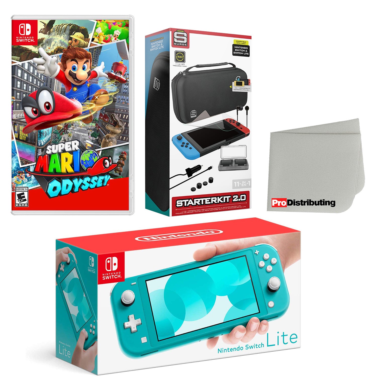 Nintendo Switch Lite Console Turquoise with Super Mario Odyssey, Accessory Starter Kit and Screen Cleaning Cloth Bundle - Pro-Distributing