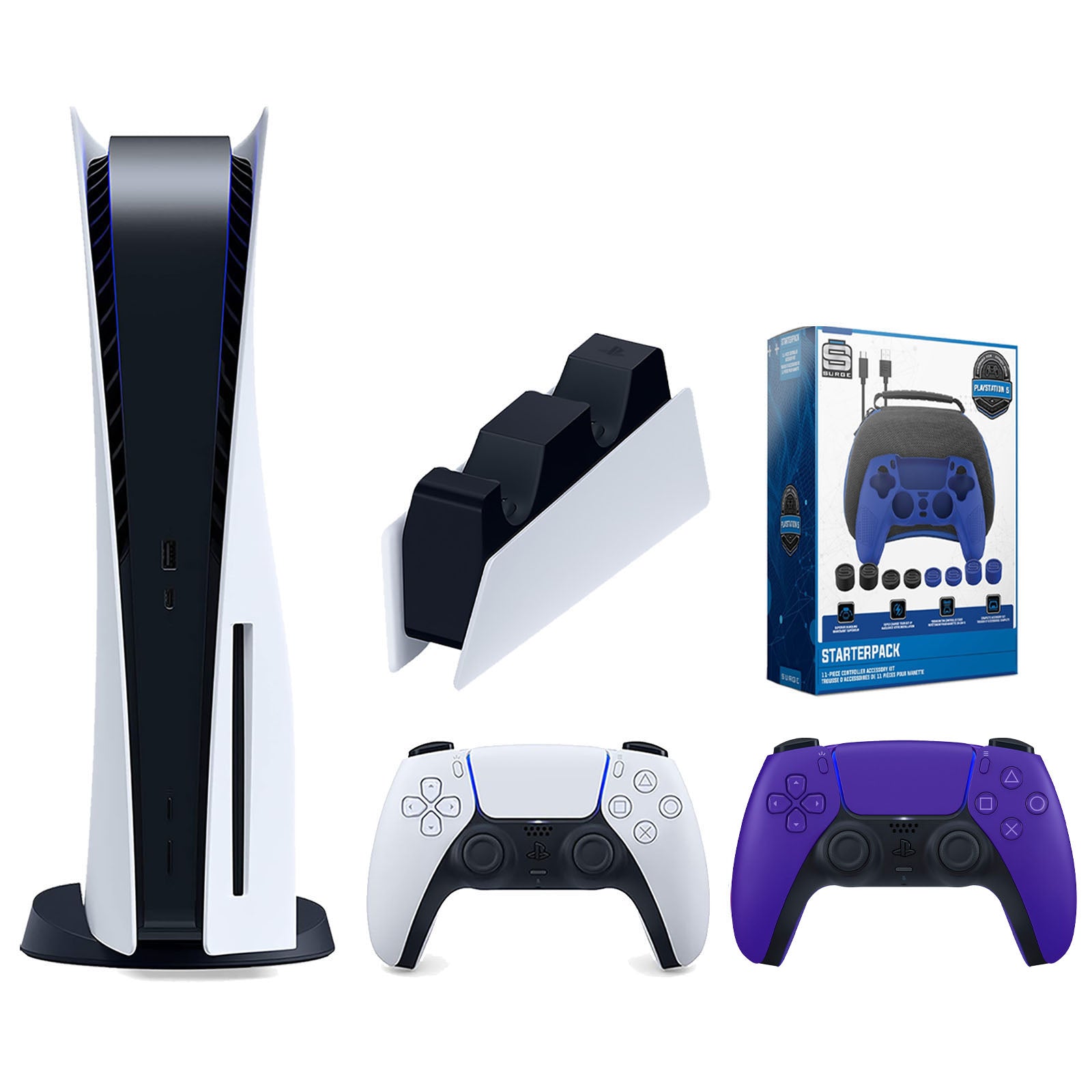 Sony Playstation 5 Disc Version Console with Extra Purple Controller, DualSense Charging Station and Surge Pro Gamer Starter Pack 11-Piece Accessory Bundle - Pro-Distributing