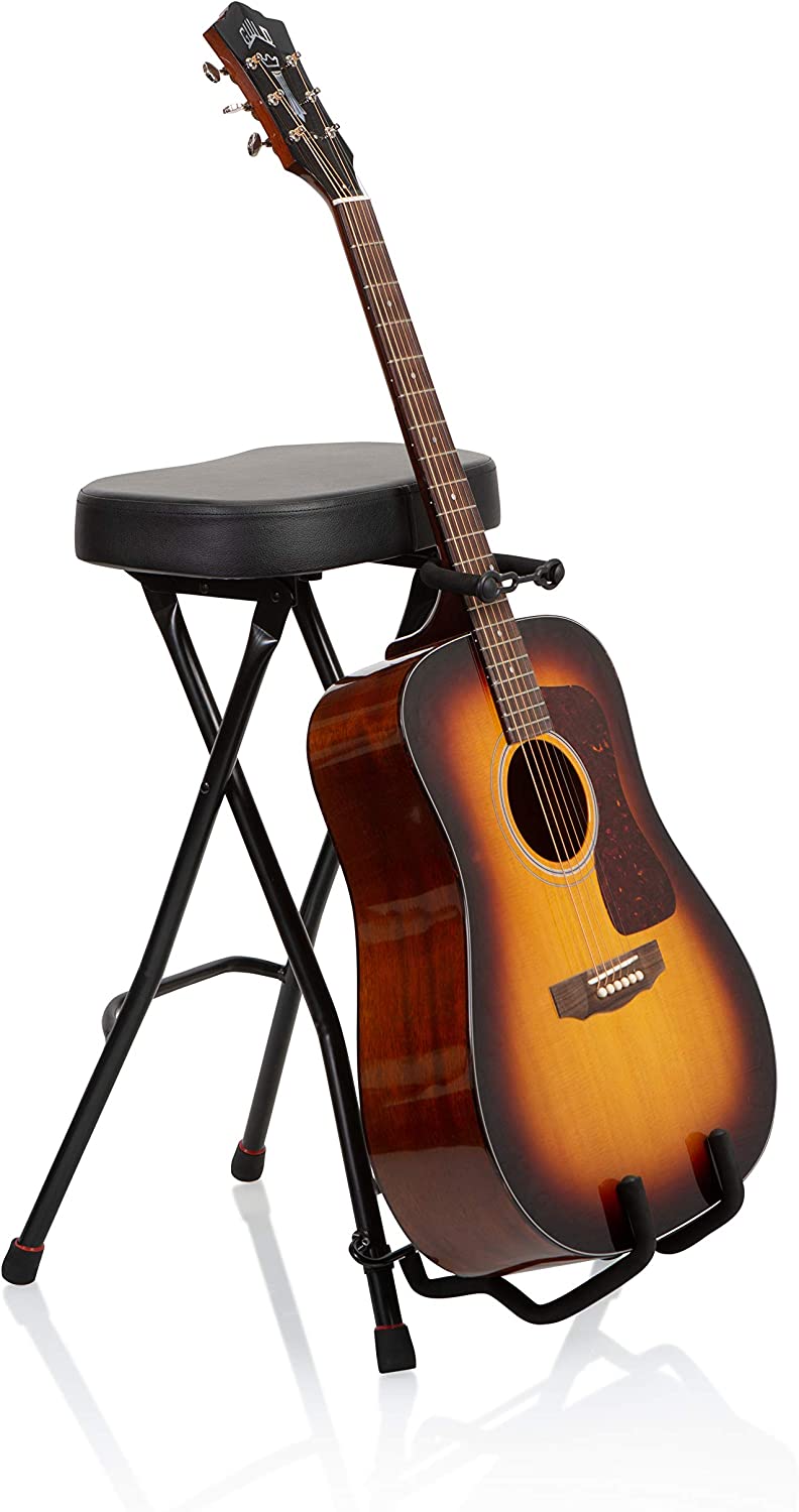 Gator Frameworks Foldable Guitar Stool with Padded Seat and Rear Mounted Guitar Hanger - GFW-GTRSTOOL - Pro-Distributing