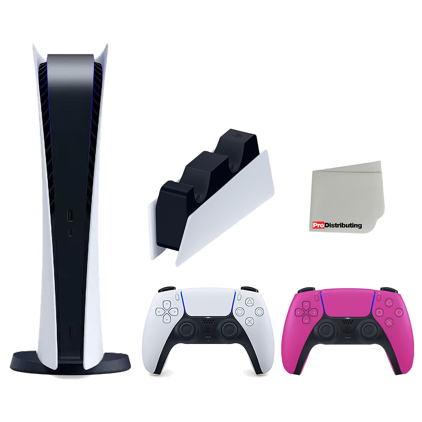 Sony Playstation 5 Digital Edition Console with Extra Pink Controller and DualSense Charging Station Bundle with Cleaning Cloth - Pro-Distributing