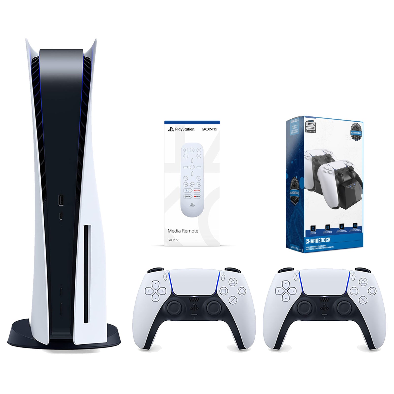 Sony Playstation 5 Disc Version Console with Extra White Controller, Media Remote and Surge Dual Controller Charge Dock Bundle - Pro-Distributing