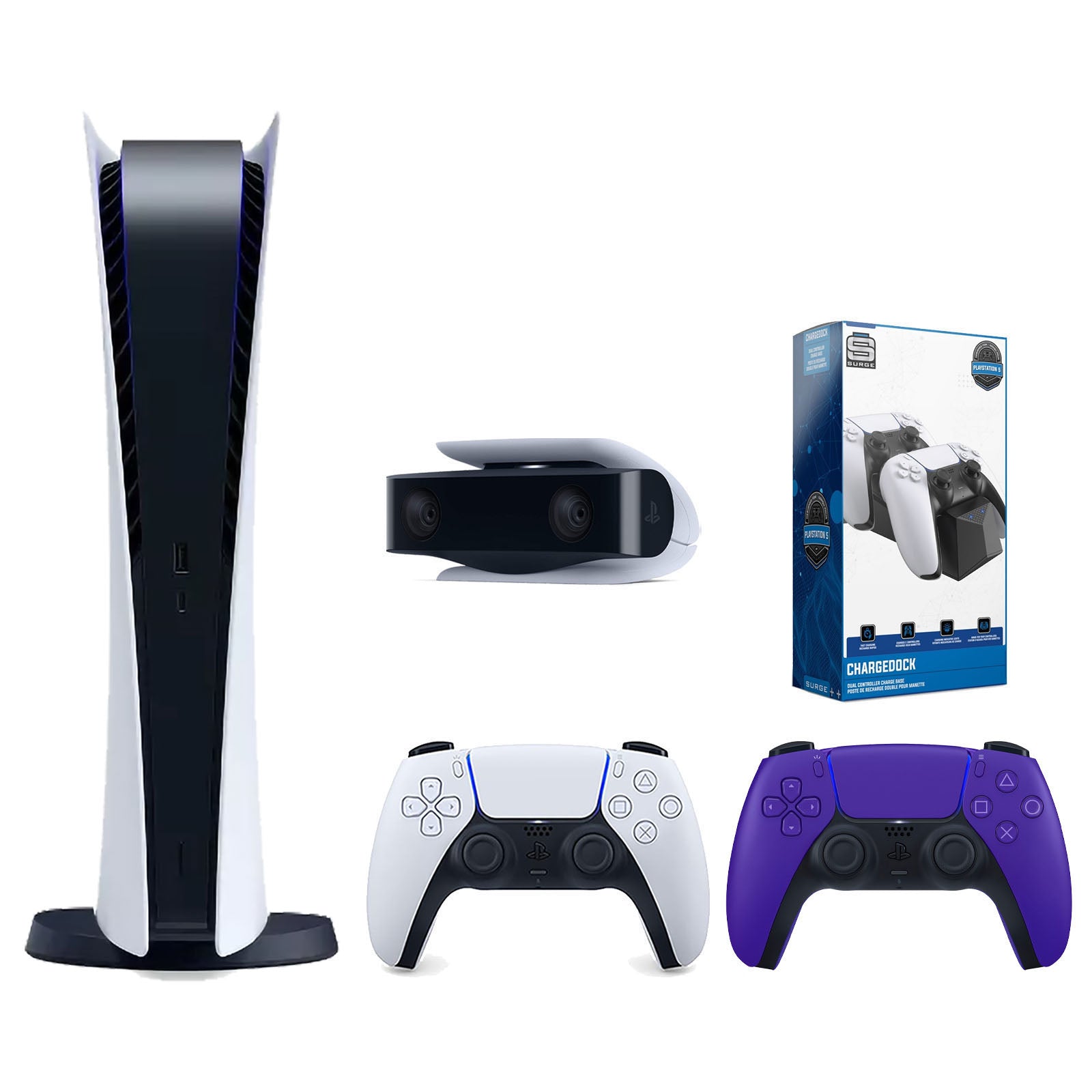 Sony Playstation 5 Digital Edition Console with Extra Purple Controller, 1080p HD Camera and Surge Dual Controller Charge Dock Bundle - Pro-Distributing