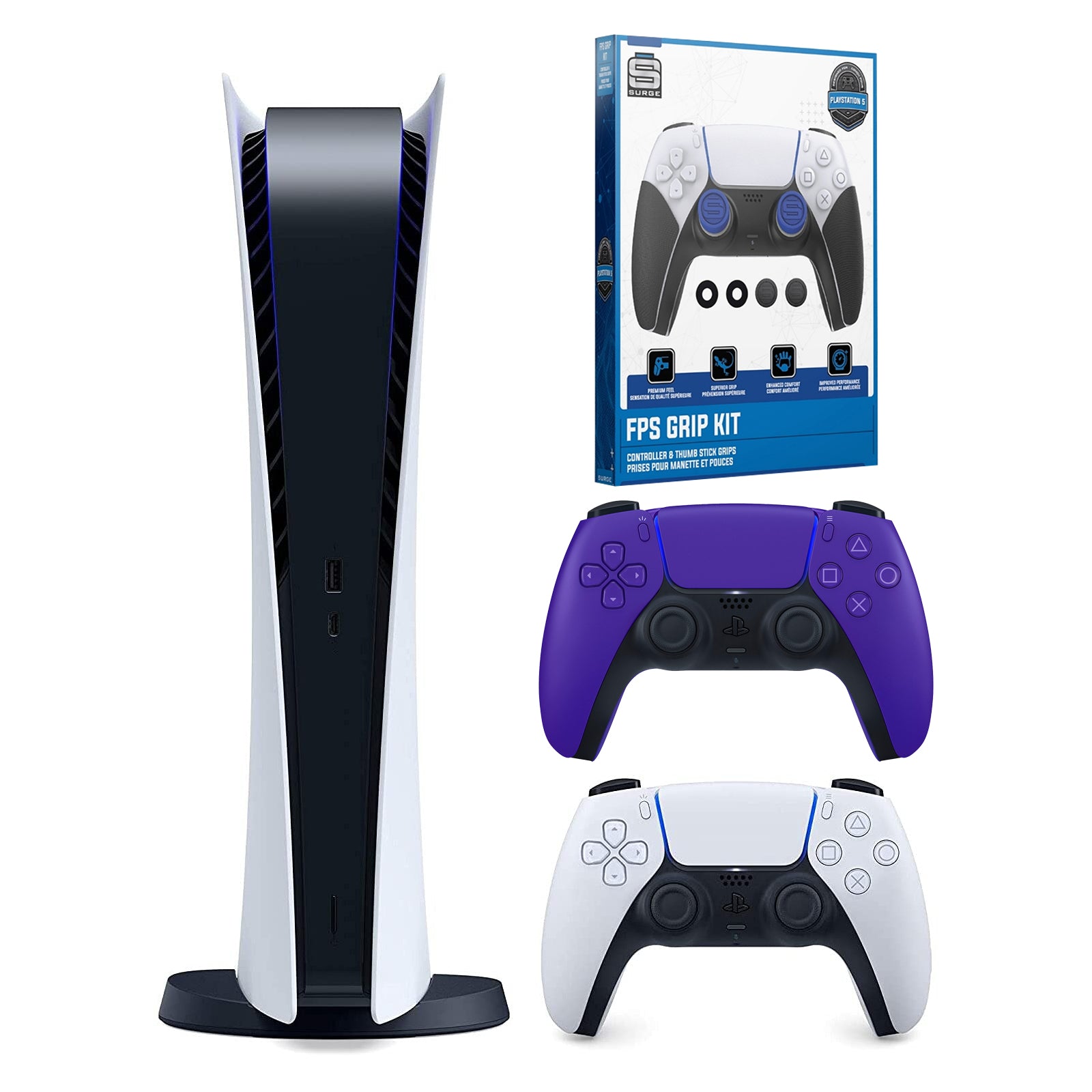 Sony Playstation 5 Digital Version (Sony PS5 Digital) with Extra Galactic Purple Controller and Control Grip Pack Bundle - Pro-Distributing