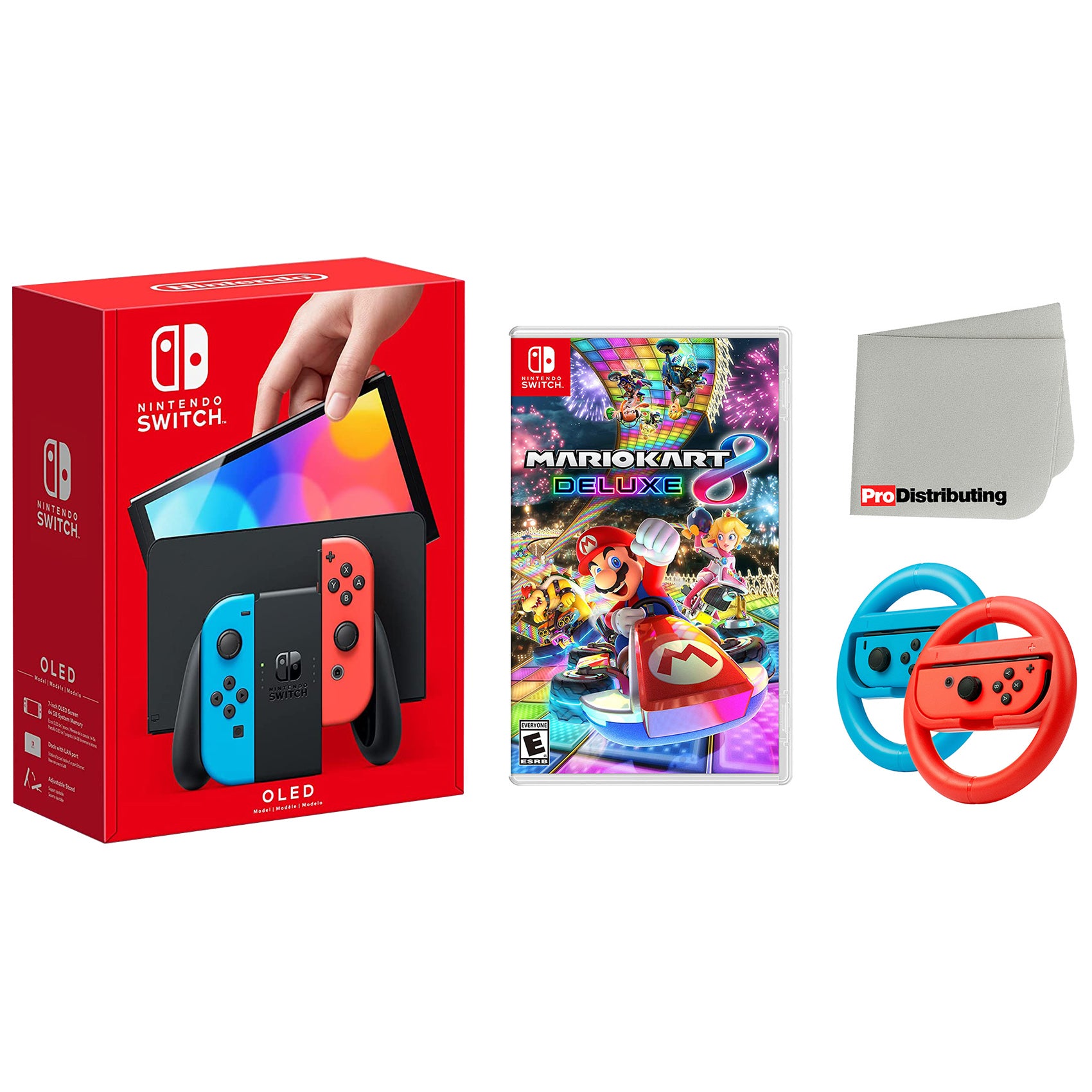 Nintendo Switch OLED Neon Console with Mario Kart 8, Steering Wheel Set and Screen Cleaning Cloth Bundle - Pro-Distributing