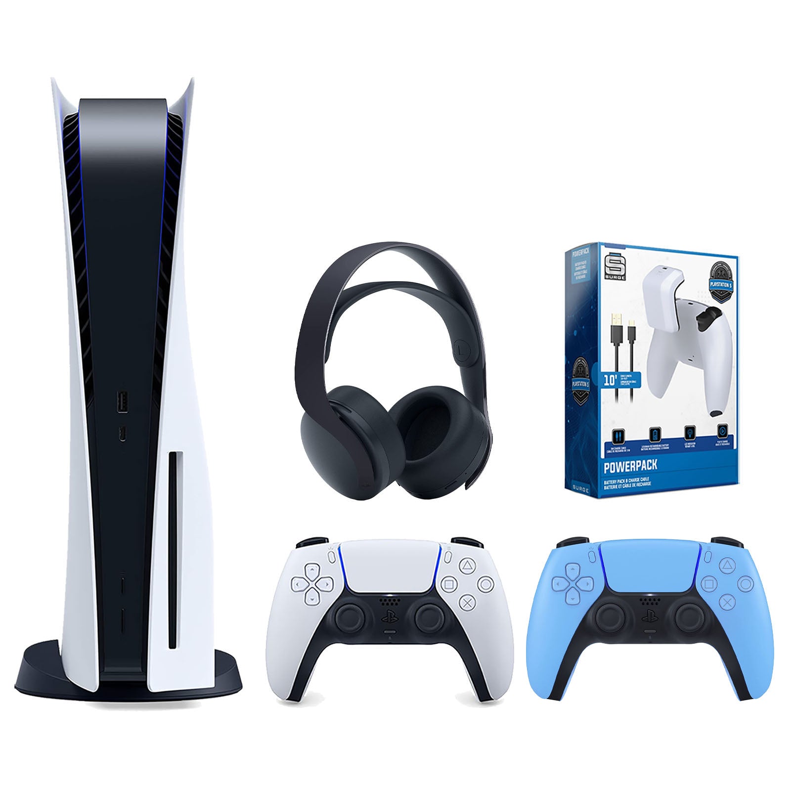 Sony Playstation 5 Disc Version Console with Extra Blue Controller, Black PULSE 3D Headset and Surge PowerPack Battery Pack & Charge Cable Bundle - Pro-Distributing