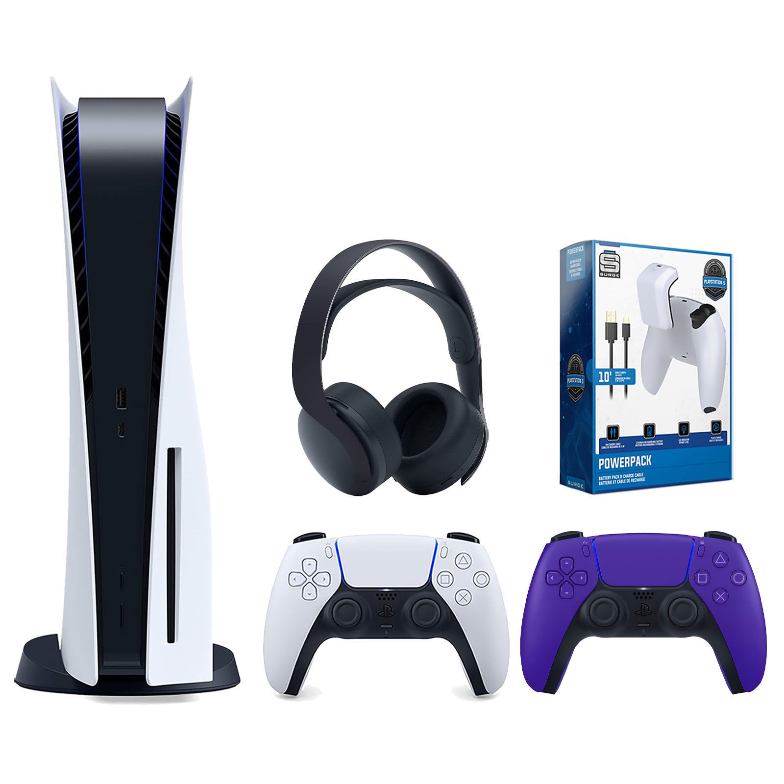 Sony Playstation 5 Disc Version Console with Extra Purple Controller, Black PULSE 3D Headset and Surge PowerPack Battery Pack & Charge Cable Bundle - Pro-Distributing