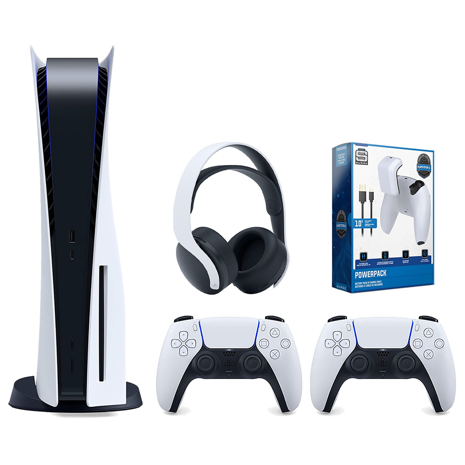 Sony Playstation 5 Disc Version Console with Extra White Controller, White PULSE 3D Headset and Surge PowerPack Battery Pack & Charge Cable Bundle - Pro-Distributing