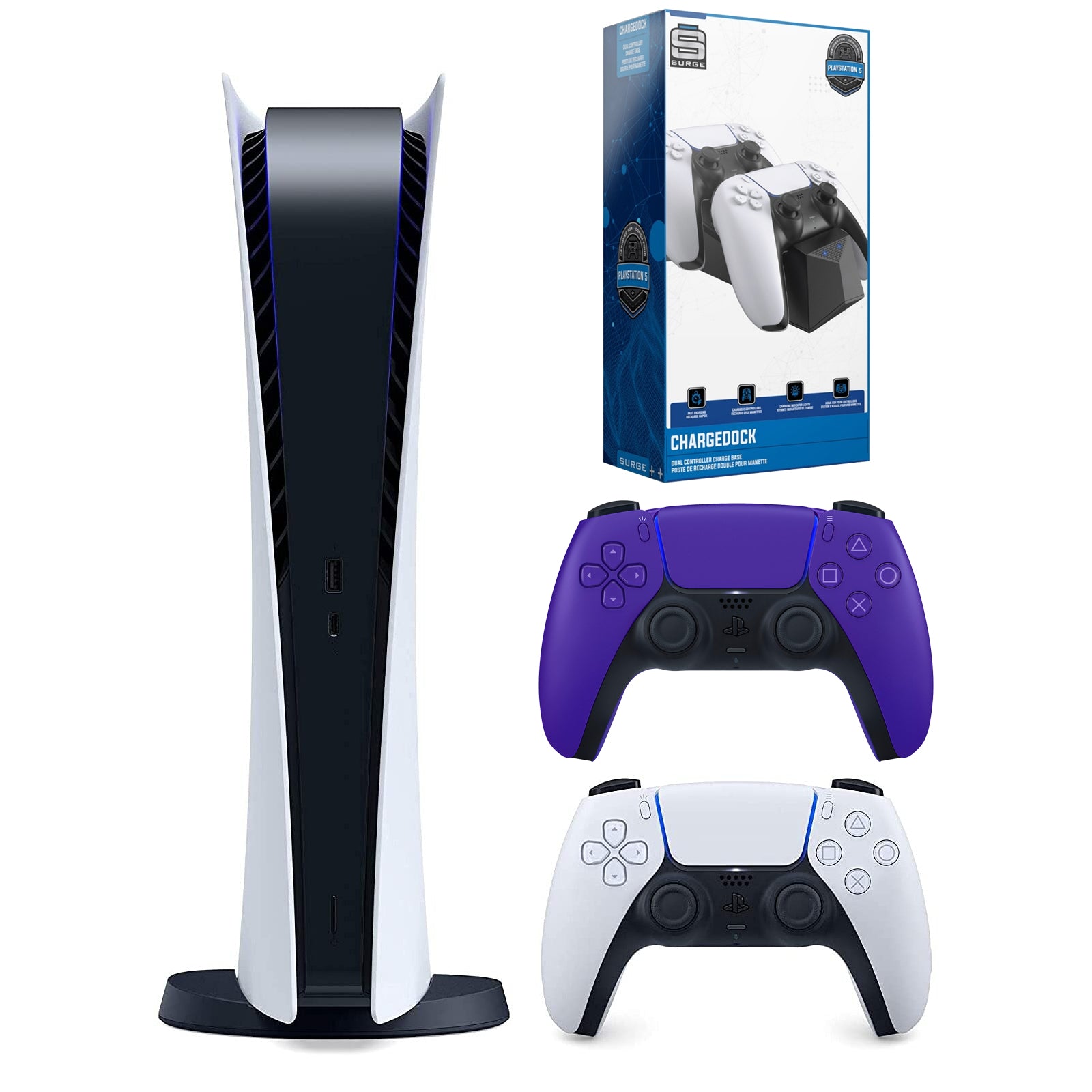 Sony Playstation 5 Digital Version (Sony PS5 Digital) with Extra Galactic Purple Controller and Dual Charging Station Bundle - Pro-Distributing