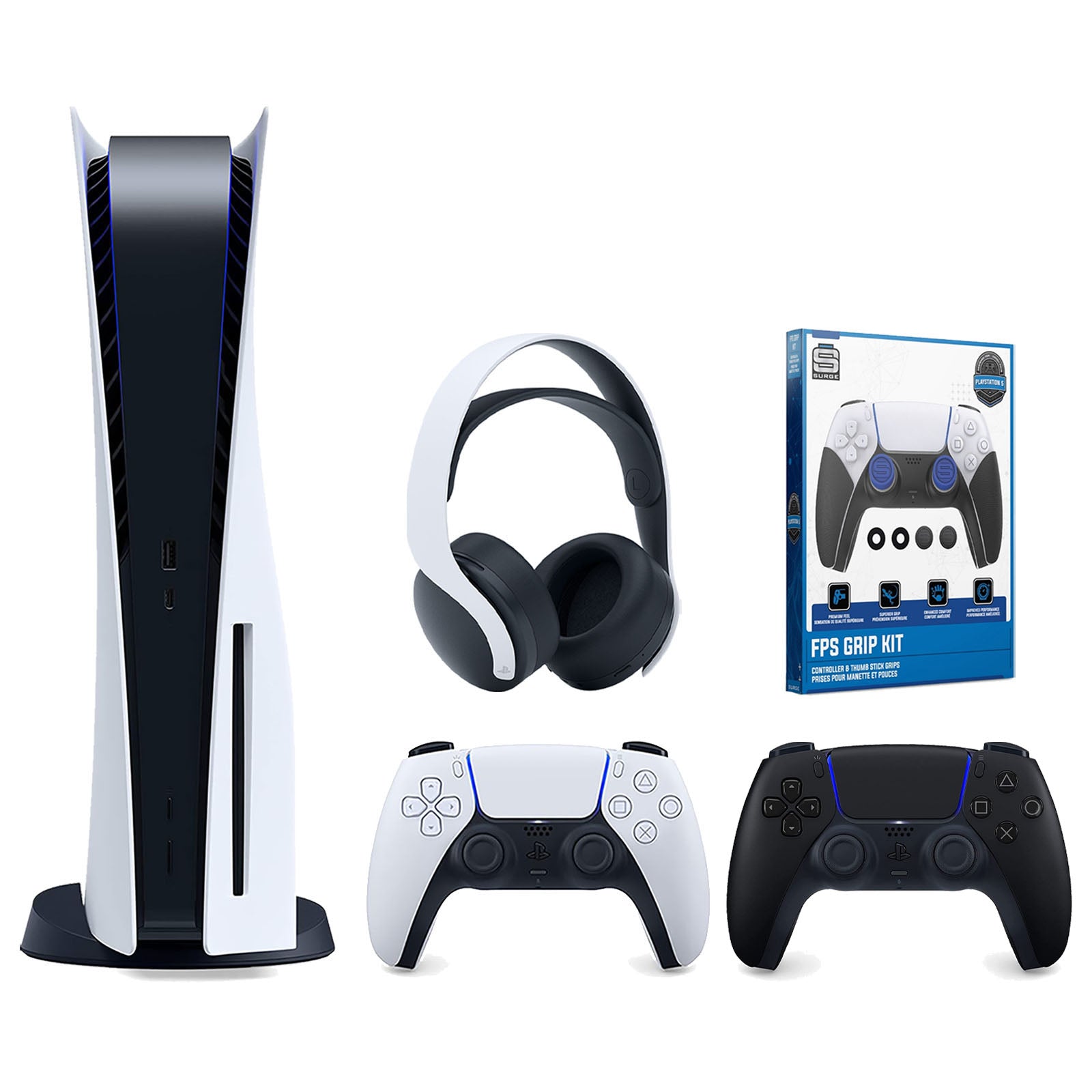 Sony Playstation 5 Disc Version Console with Extra Black Controller, White PULSE 3D Headset and Surge FPS Grip Kit With Precision Aiming Rings Bundle - Pro-Distributing