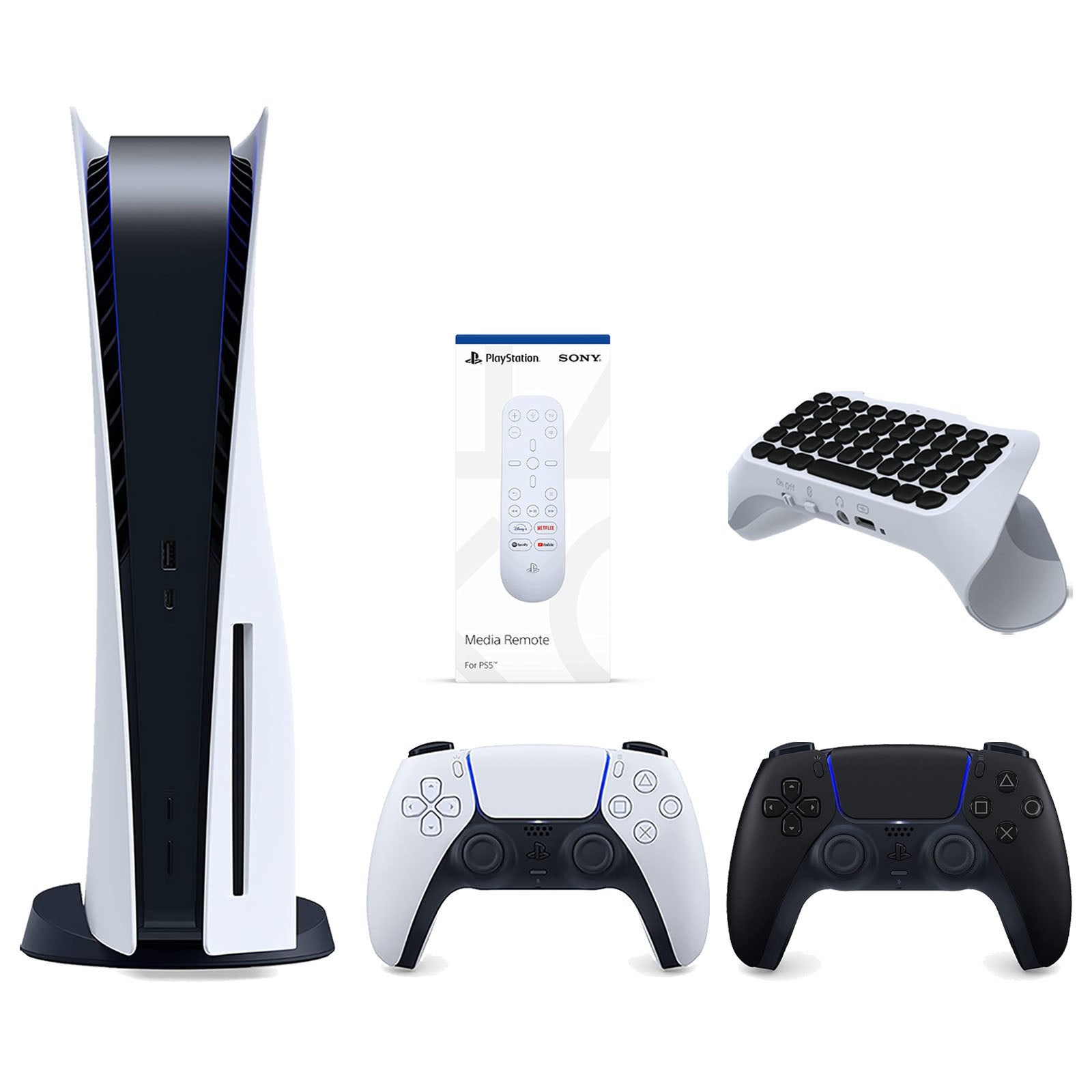 Sony Playstation 5 Disc Version Console with Extra Black Controller, Media Remote and Surge QuickType 2.0 Wireless PS5 Controller Keypad Bundle - Pro-Distributing
