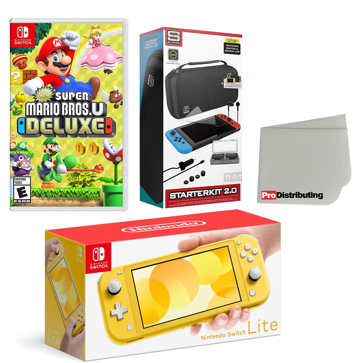 Nintendo Switch Lite Console Yellow with New Super Mario Bros. U Deluxe, Accessory Starter Kit and Screen Cleaning Cloth Bundle - Pro-Distributing