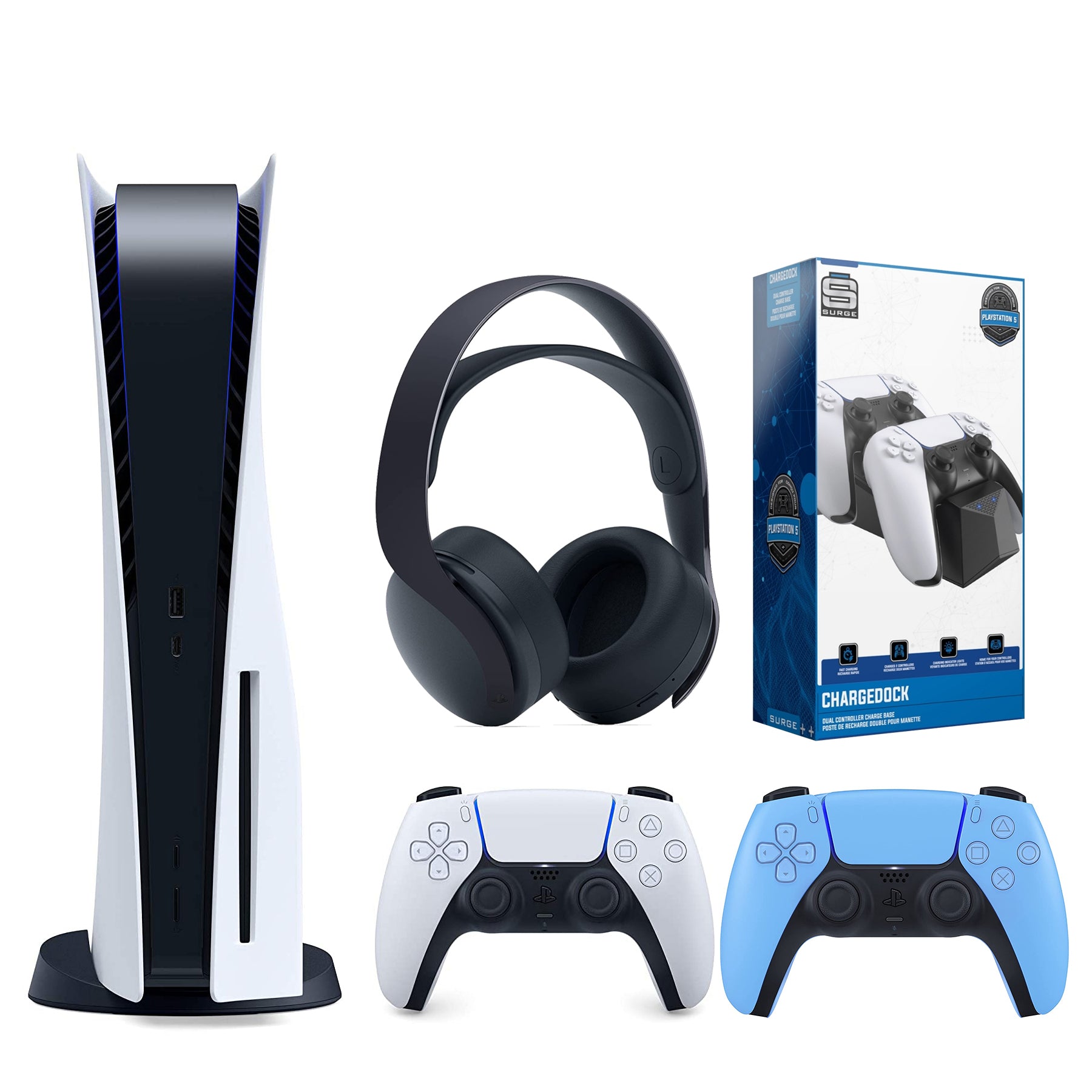 Sony Playstation 5 Disc Version (Sony PS5 Disc) with Extra Starlight Blue Controller, Black PULSE 3D Headset and Dual Charging Station Bundle - Pro-Distributing