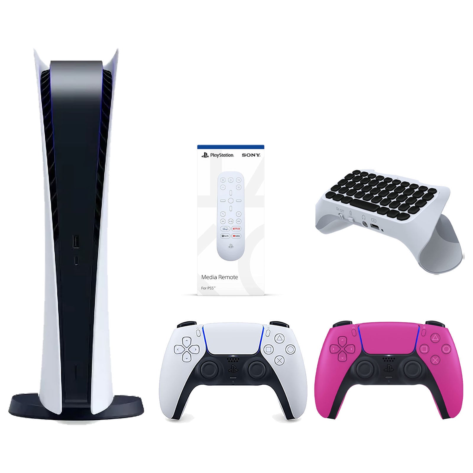 Sony Playstation 5 Digital Edition Console with Extra Pink Controller, Media Remote and Surge QuickType 2.0 Wireless PS5 Controller Keypad Bundle - Pro-Distributing