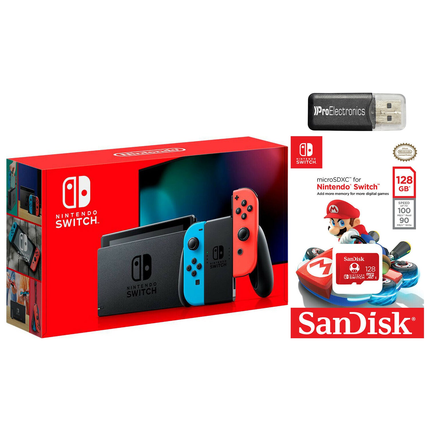 Nintendo Switch 32GB Neon Console with Sandisk 128GB MicroSD Card and MicroSD Card Reader Bundle - Pro-Distributing