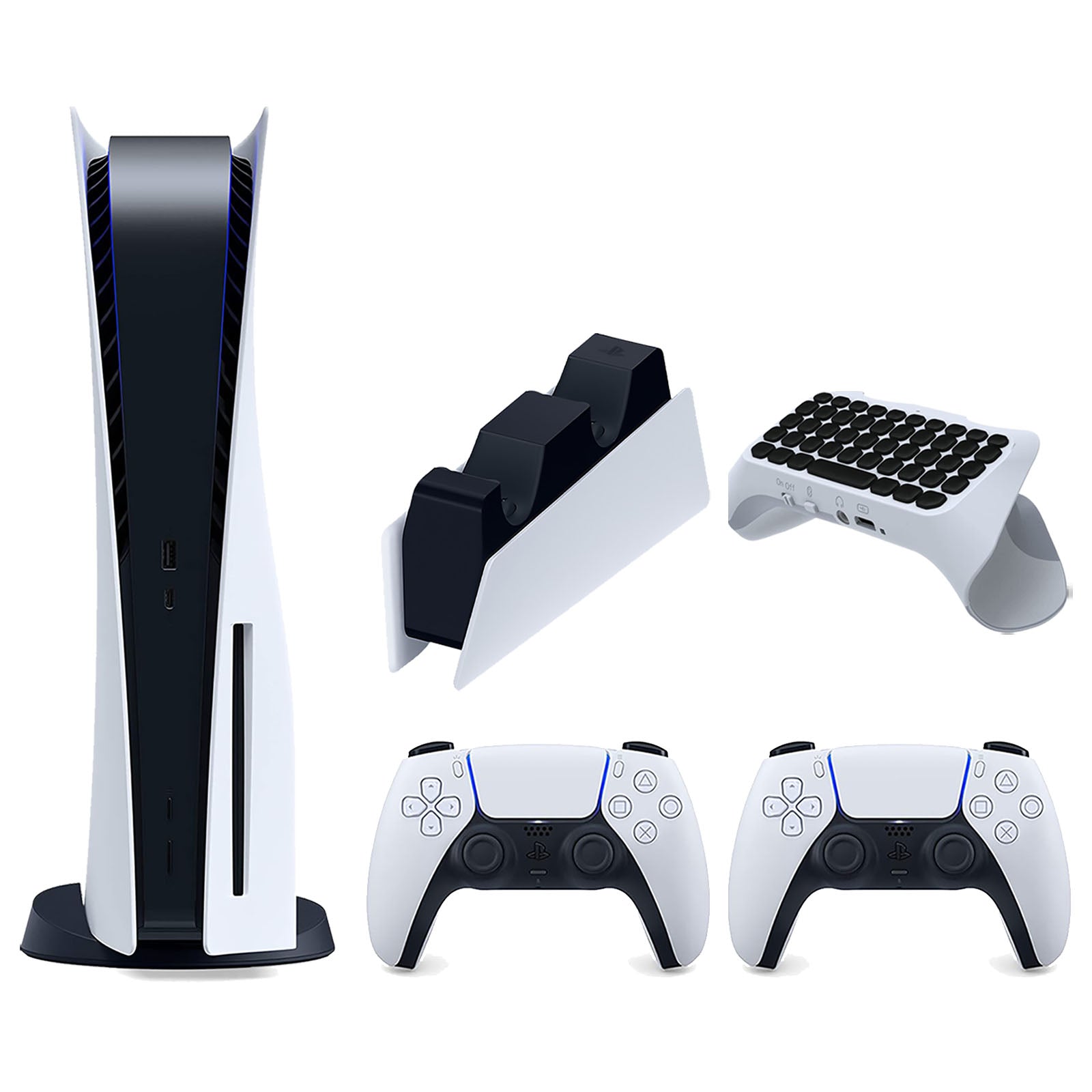 Sony Playstation 5 Disc Version Console with Extra White Controller, DualSense Charging Station and Surge QuickType 2.0 Wireless PS5 Controller Keypad Bundle - Pro-Distributing