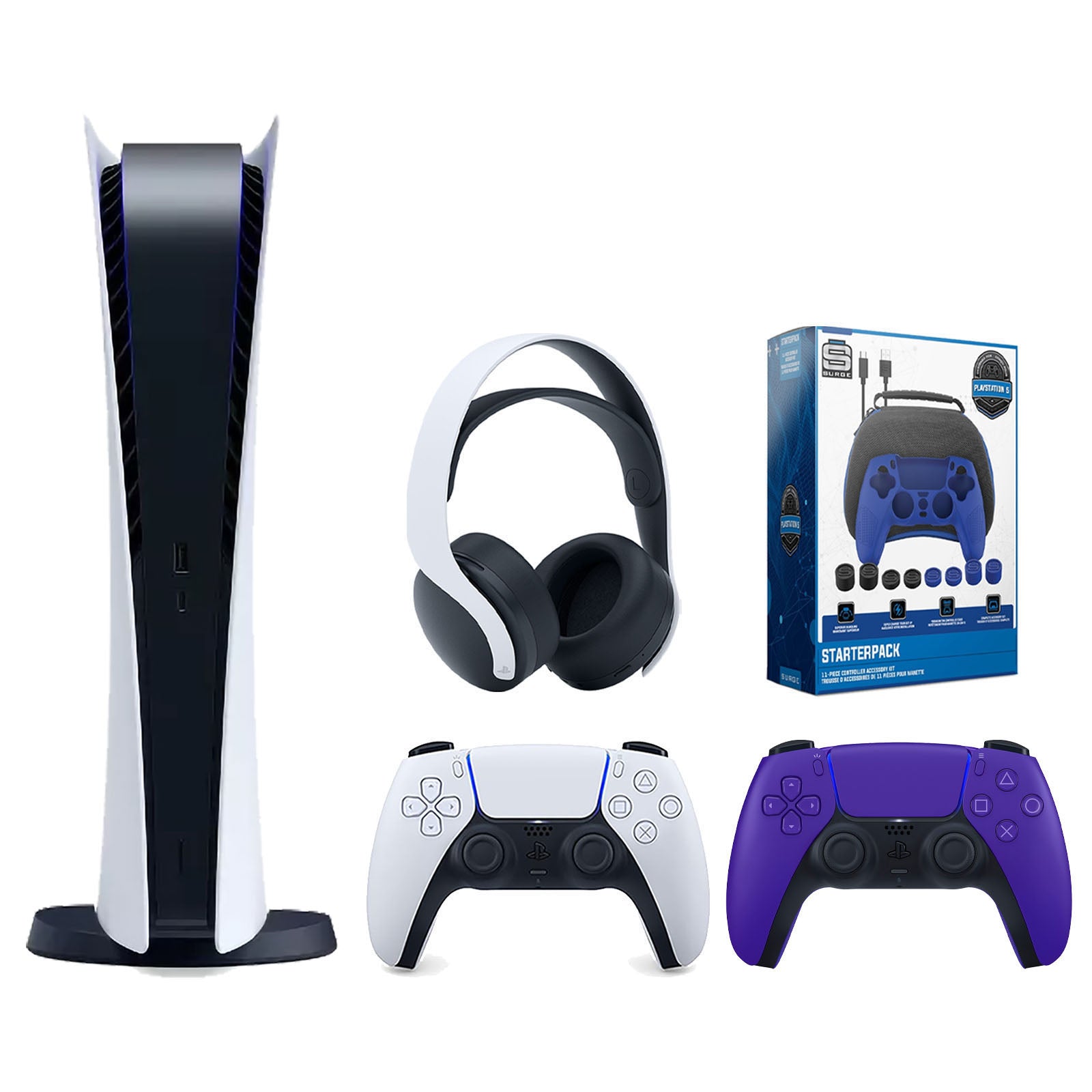 Sony Playstation 5 Digital Edition Console with Extra Purple Controller, White PULSE 3D Headset and Surge Pro Gamer Starter Pack 11-Piece Accessory Bundle - Pro-Distributing